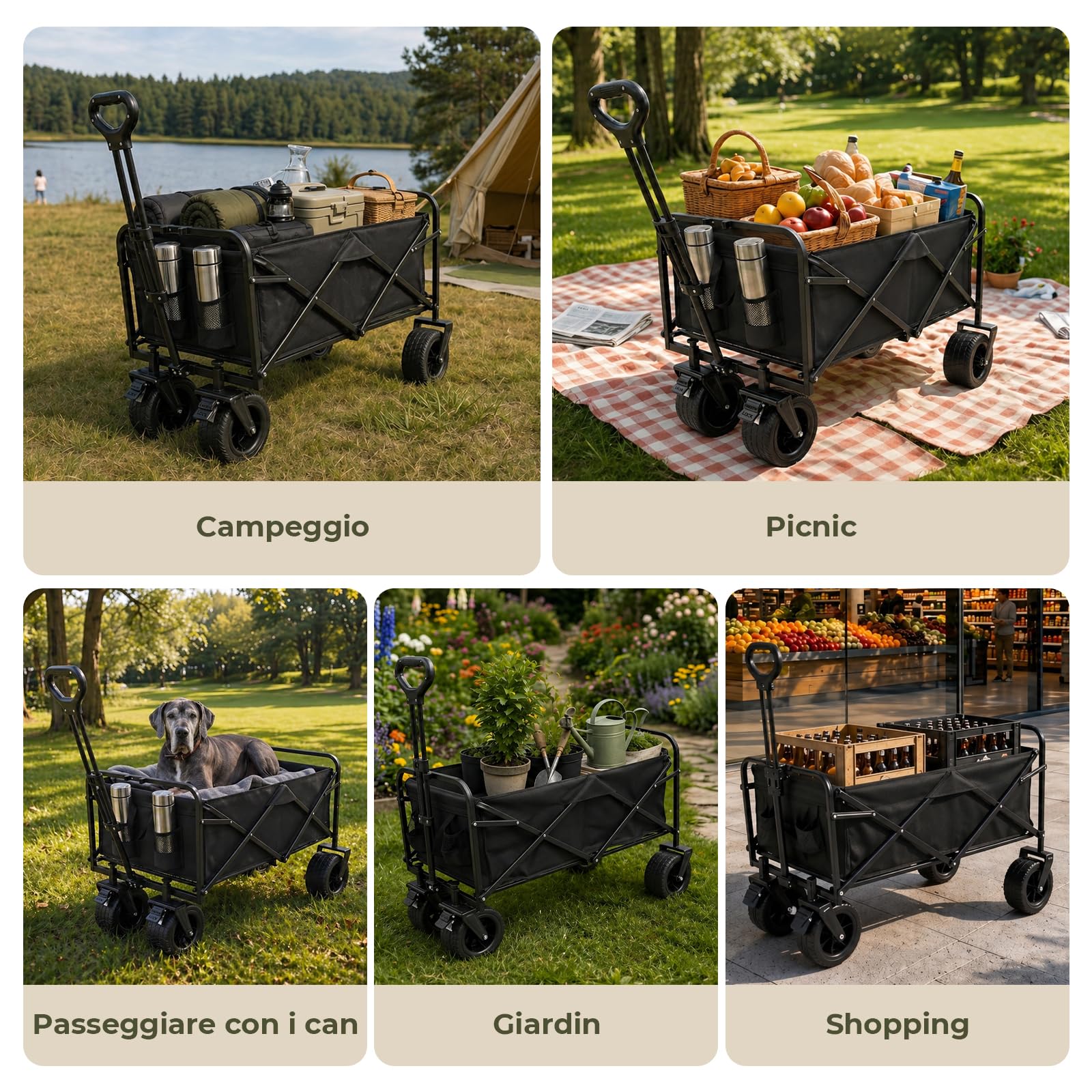 Carrello Spiaggia Pieghevole 200L 160kg, Carrellino con Ruote 84x48x100cm, Carriola da Giardino Dotata di Ruote Ffuoristrada Girevoli a 360°, Ideale per Campeggio, Spesa, Cani, Giardino e Spiaggia