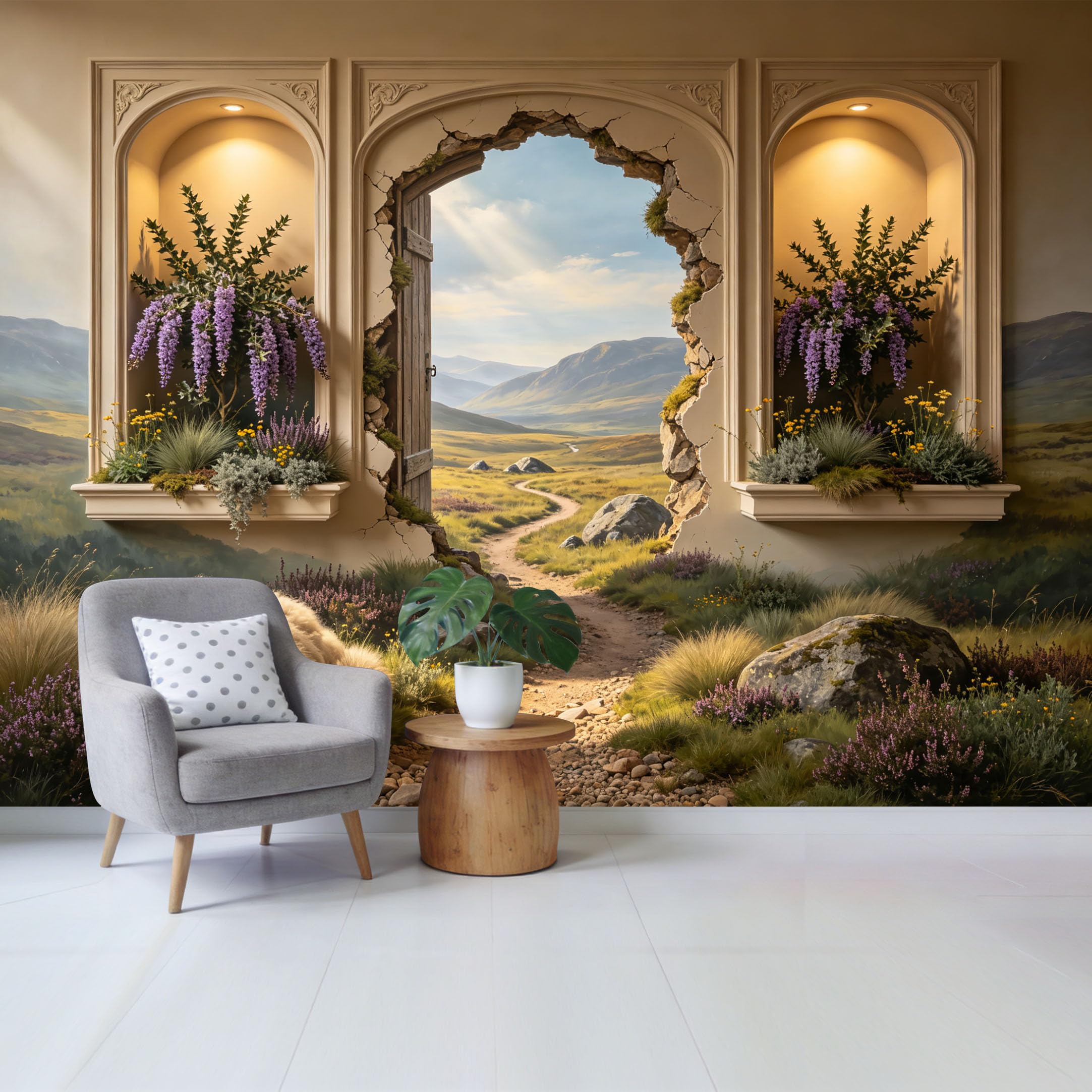 Custom Size Wall Mural Mountain Path Through Archway with Lavender Flowers Landscape 3D Trompe l’oeil Removable Self Adhesive Fabric Home Wall Decor for Living Room Bedroom Bathroom