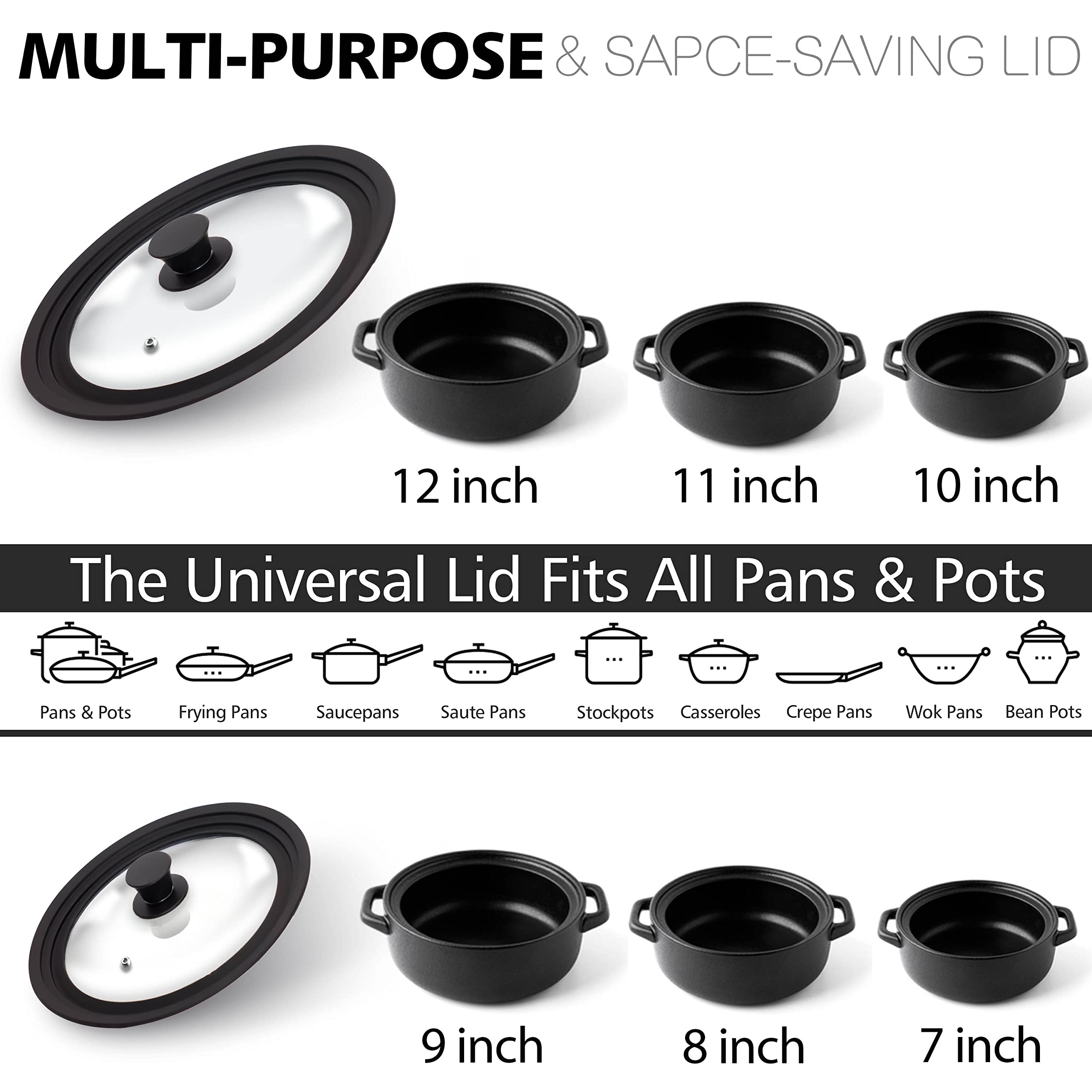 ANAEAT Tapa universal de silicona para ollas, sartenes y sartenes, vidrio templado cubierto con borde de silicona resistente al calor, se adapta a todos los utensilios de cocina de 7 a 12 pulgadas de