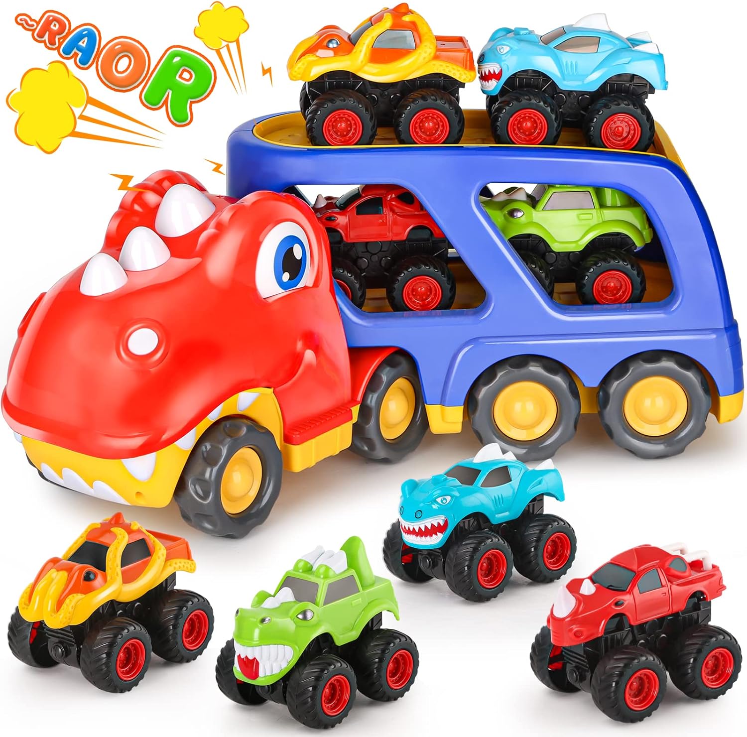 Aoskie Dinosaurios Coches Juguetes Niños 2 3 4 Años, Camion Transportador de Coches con Sonido y Luces