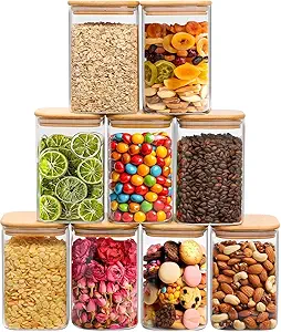 ComSaf 1.2 Qt Glass Storage Containers with Lids, Glass Jars with Lids, Clear Food Storage Jar, Square Canister Set of 9, Pantry Organizers and Storage for Cookie Flour Oat Pasta Tea Coffee Bean