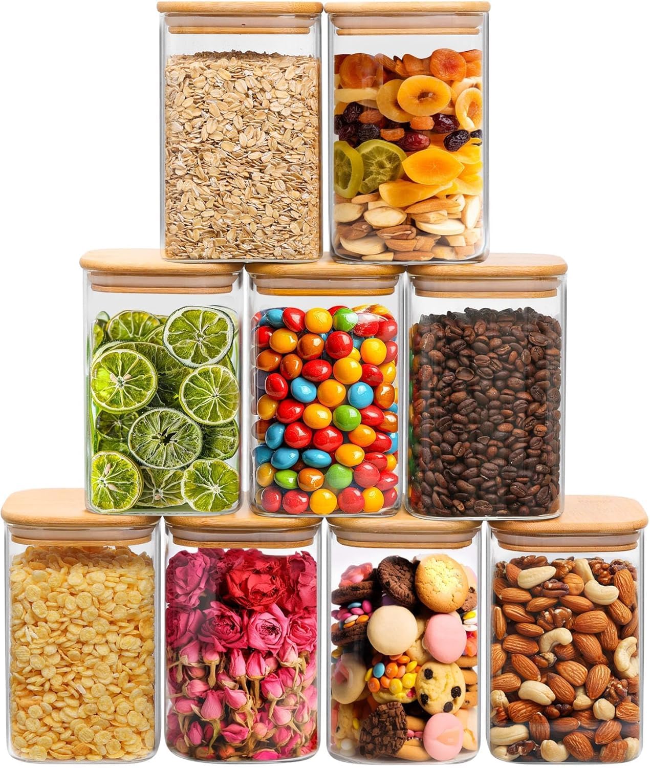 ComSaf 1.1L Glass Storage Containers with Lids, Glass Jars with Bamboo Lids, Clear Square Food Storage Jar Set of 9, Pantry Organizers and Storage for Flour Oat Pasta Tea Coffee Bean