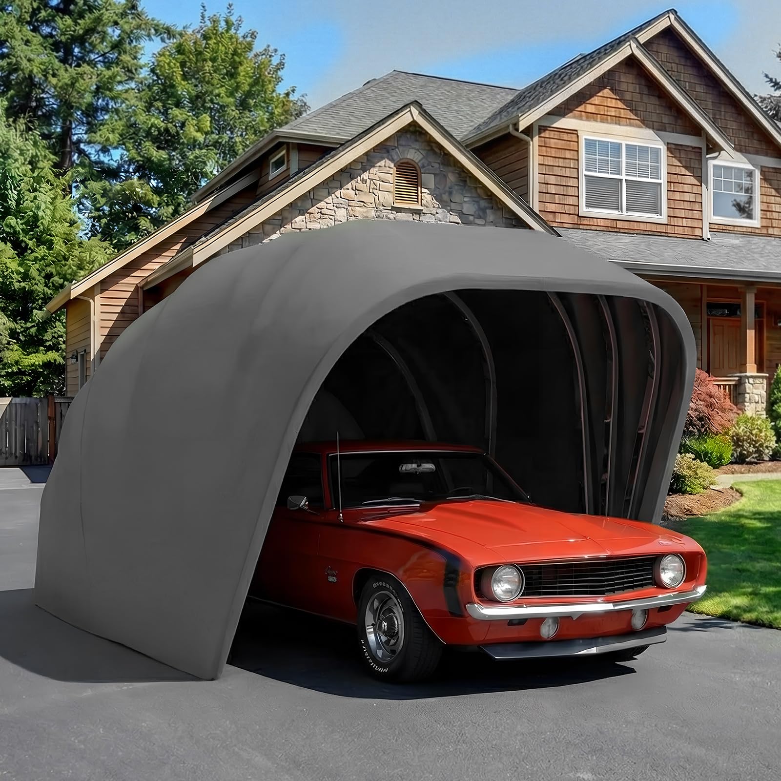 Allwetterfester Carport, Mobile Faltgarage, Auto-Markise, halbautomatischer Anti-Exposition-Carport, abschließbarer, langlebiger Unterstand, 18 Fuß (Silver)