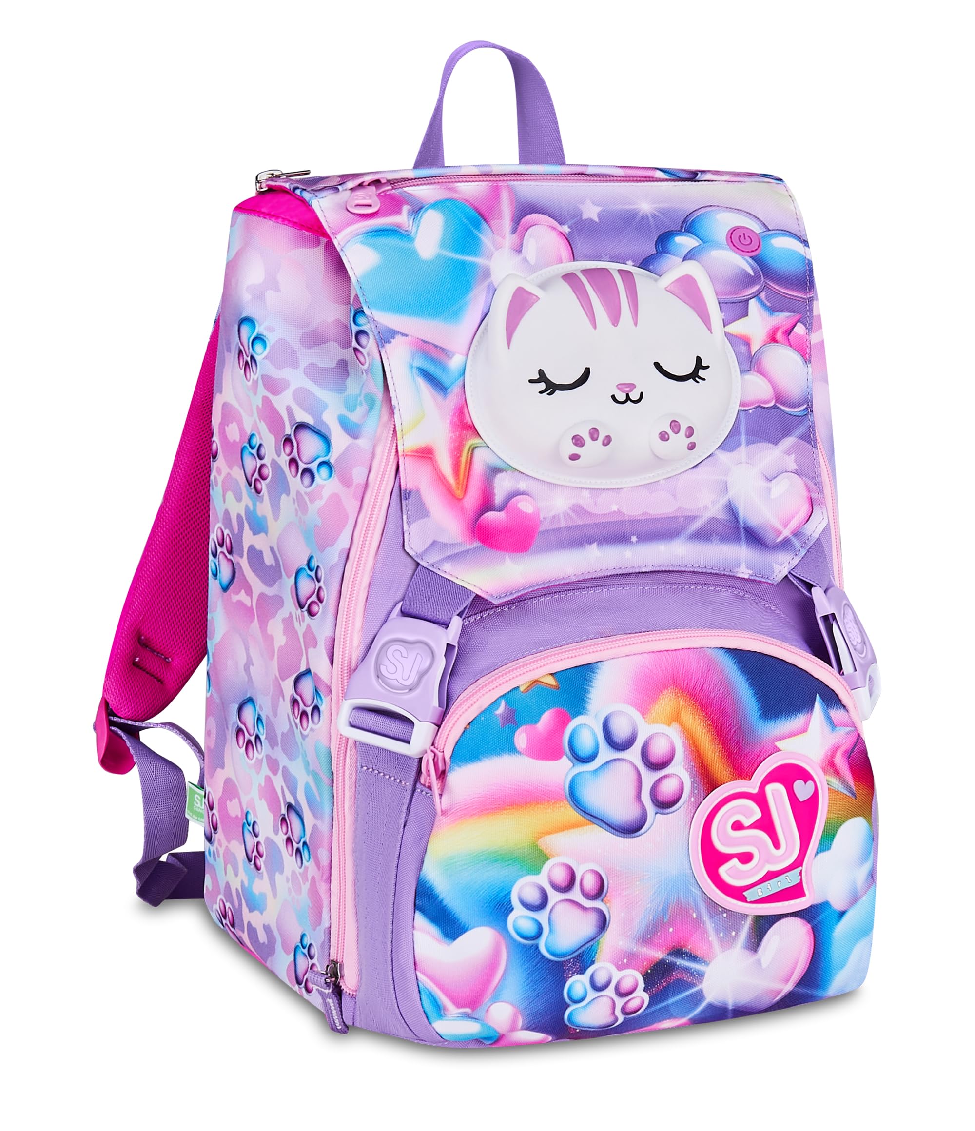 SJ GANG STYLE JAM GANG Zaino Estensibile GLOWCAT, Rosa, 24L, Zip Laterali, Applicazione gattino luminoso che cambia colore al tocco, Tasca frontale, Tasca portaborraccia, Scuola elementare, Bambina