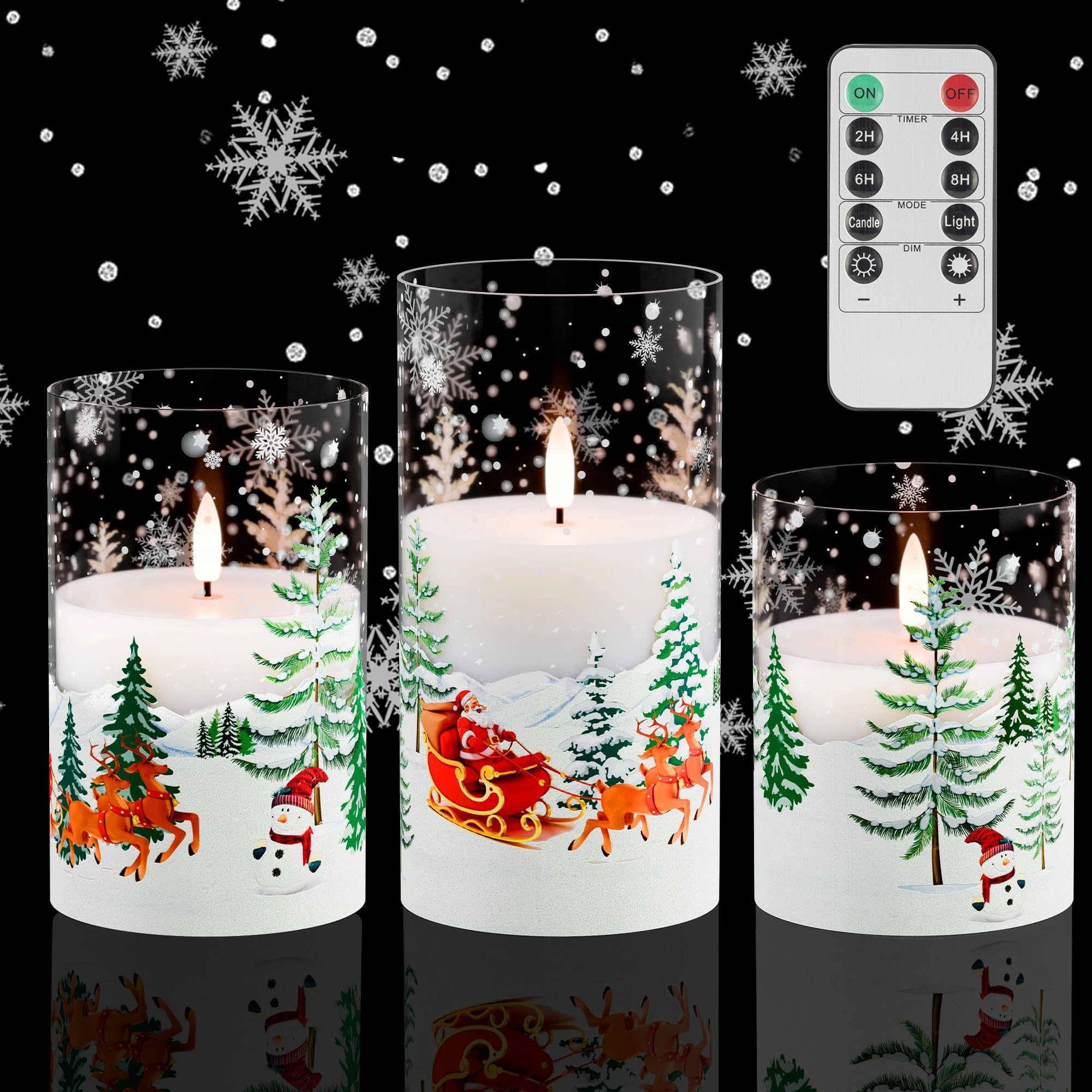 MELTONE Holiday Snowflake Flameless Candles Real Wax Flickering Battery Operated Glass LED Candles With Remote - Home Xmas Party Christmas Decor - Set Of 3