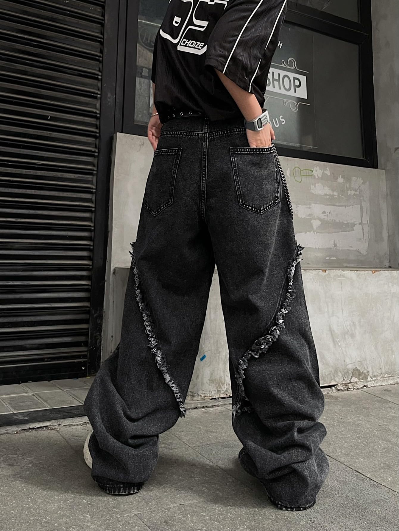 Baggy Jeans da uomo vintage look usato Y2K jeans con orlo francese, vestibilità larga, hip hop streetwear