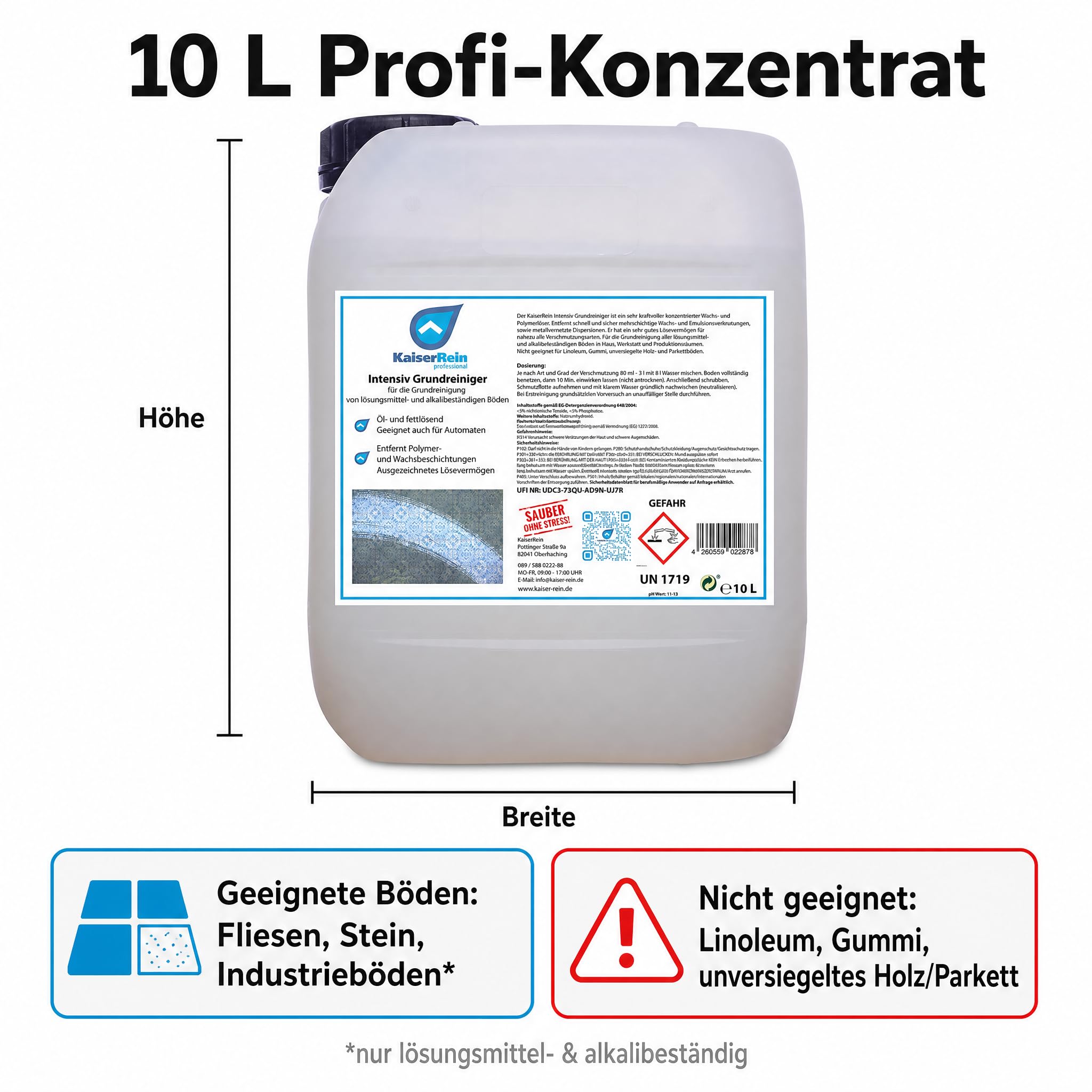 KaiserRein Grundreiniger Intensiv-Bodenreiniger Konzentrat, 10 L Kanister, entfernt Wachs/Polymer, öl- und fettlösend, für Fliesen, Stein, Laminat, Reinigungsautomaten, alkalischer Reiniger