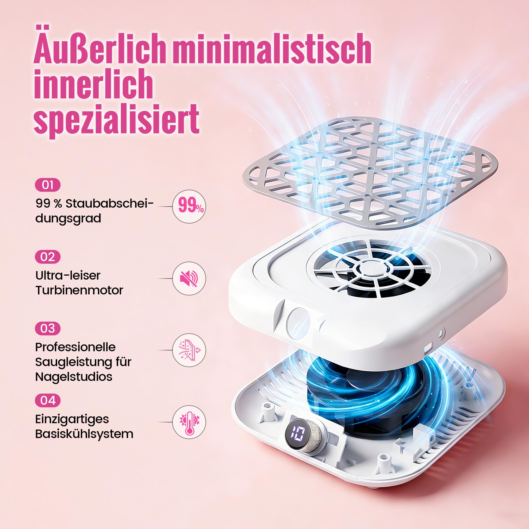 Nagelstaubsauger – Staubabsaugung für Nägel mit LED-Display, 10 Saugstufen, inkl. 30 Filterpapiere – Leiser Turbomotor, kompakte Nagel Staubabsaugung für Anfänger und Profis