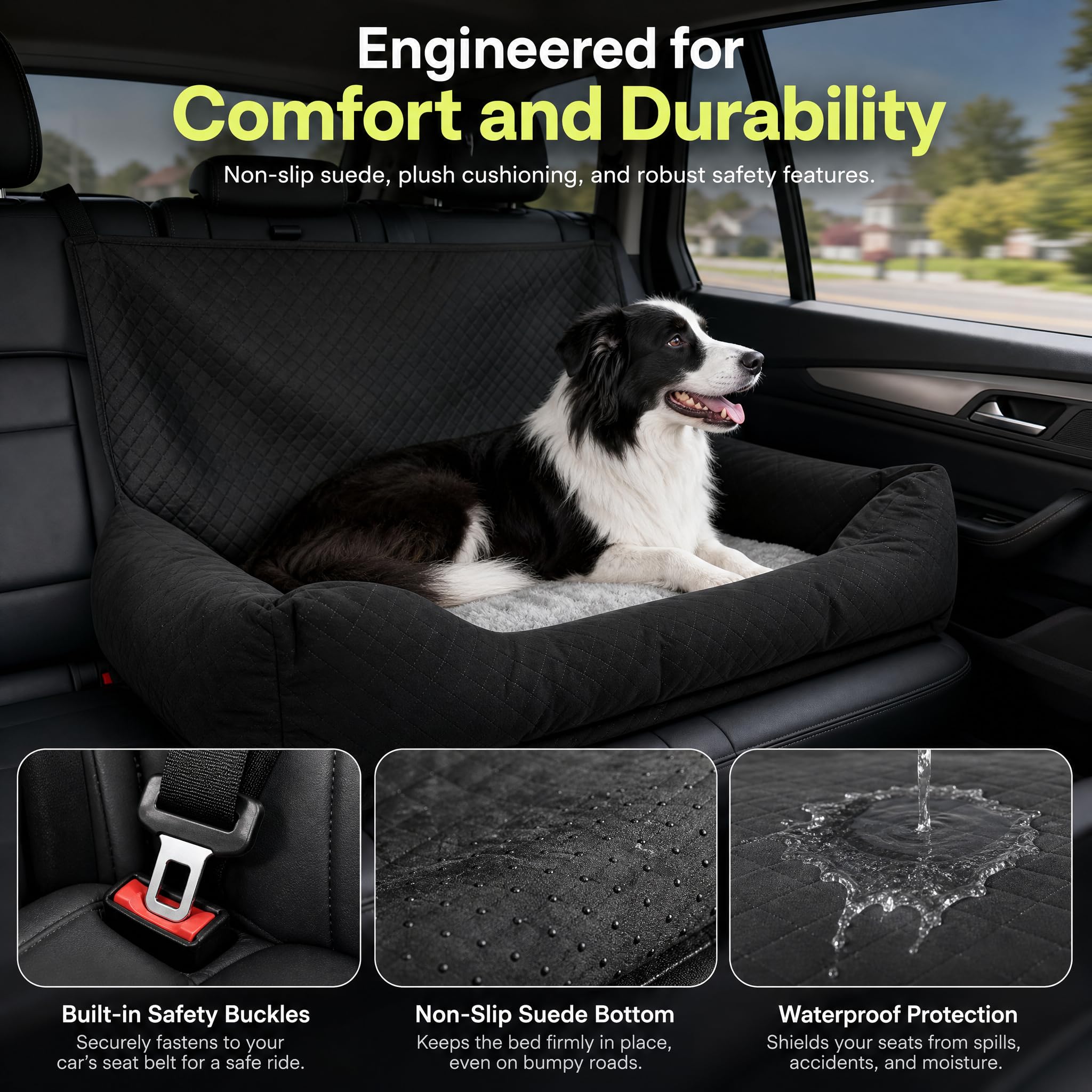 Hunde Autositz für Große Hunde Hundesitz Auto Rückbank 90x56x48cm mit Sicherheitsgurten Waschbarer Unterlage Hundeautositz Hundekorb Auto Hundebett Dog car seat für SUV Limousine Van