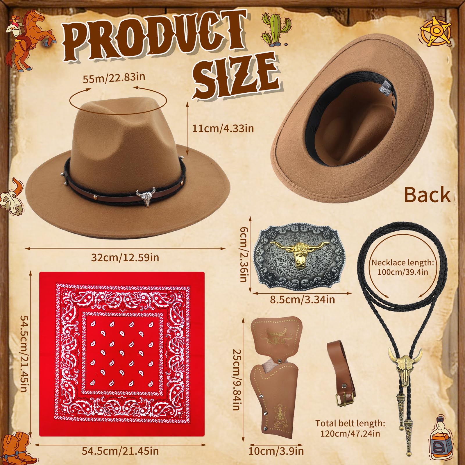 5-częściowy zestaw kostiumu kowbojskiego westernu, kostium kowbojski, fantazyjna sukienka z kamizelką, kapelusz z szerokim rondem, bandana, głowa byka, naszyjnik dla dorosłych mężczyzn, karnawał