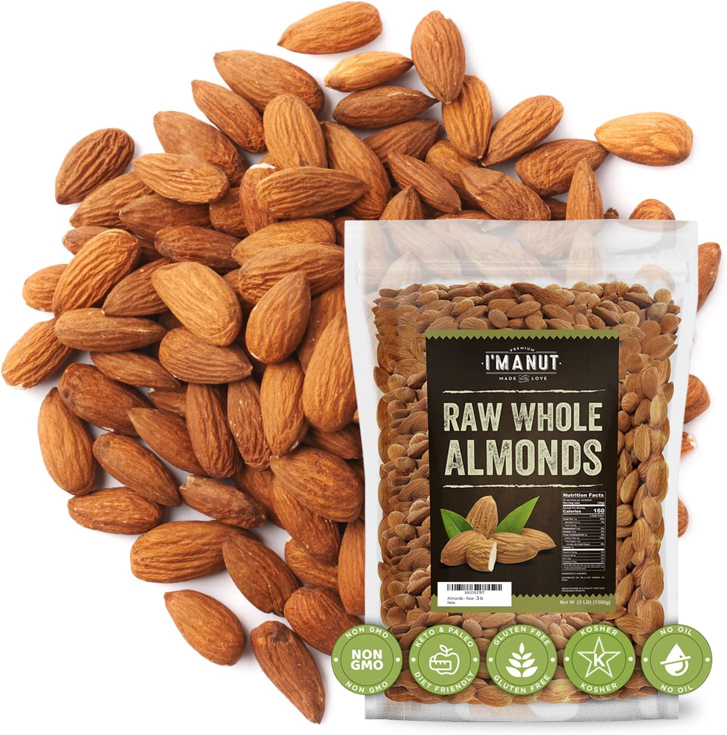 Raw California Almonds 48 oz (3 lbs) | Natural | Whole | Batch Tested Gluten & Peanut Free | No PPO | Non-GMO | No Herbicide | Healthy Protein boost | Premium Quality | for Snacking, Baking, Cooking