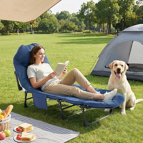 Miniatura 2 de DUMOS Cuna de campamento para adultos, cama plegable ajustable con colchón, cama de campamento plegable de 6 ángulos para campamento, oficina, al
