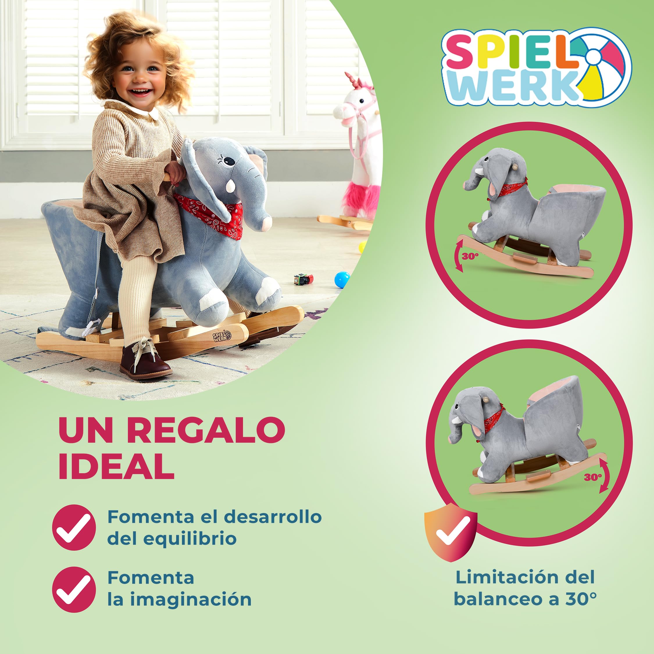 Spielwerk® Elefante Balancín Mecedora Bebe Animales de Juguete Peluches Felpa Suave Sonido Regalos Originales Bebes 1 Año Columpio Infantil