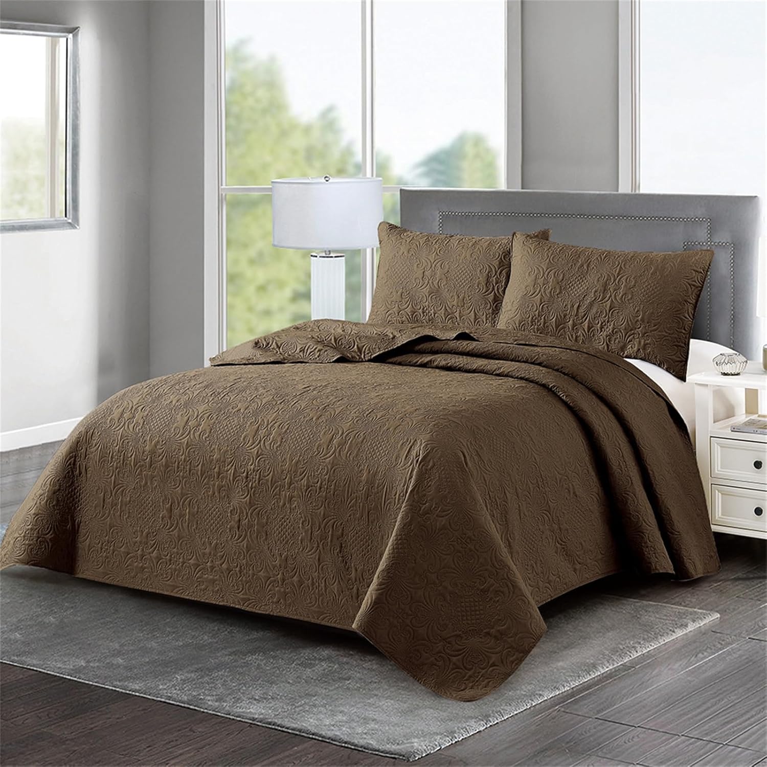 Quilted Bedspread Throw-King with Pillow Shams Reversible Embossed Double Throws Coverlet Soft Lightweight Quilt Bedspread Machine Washable for Bedding Decor(Coffee,220 * 240cm)