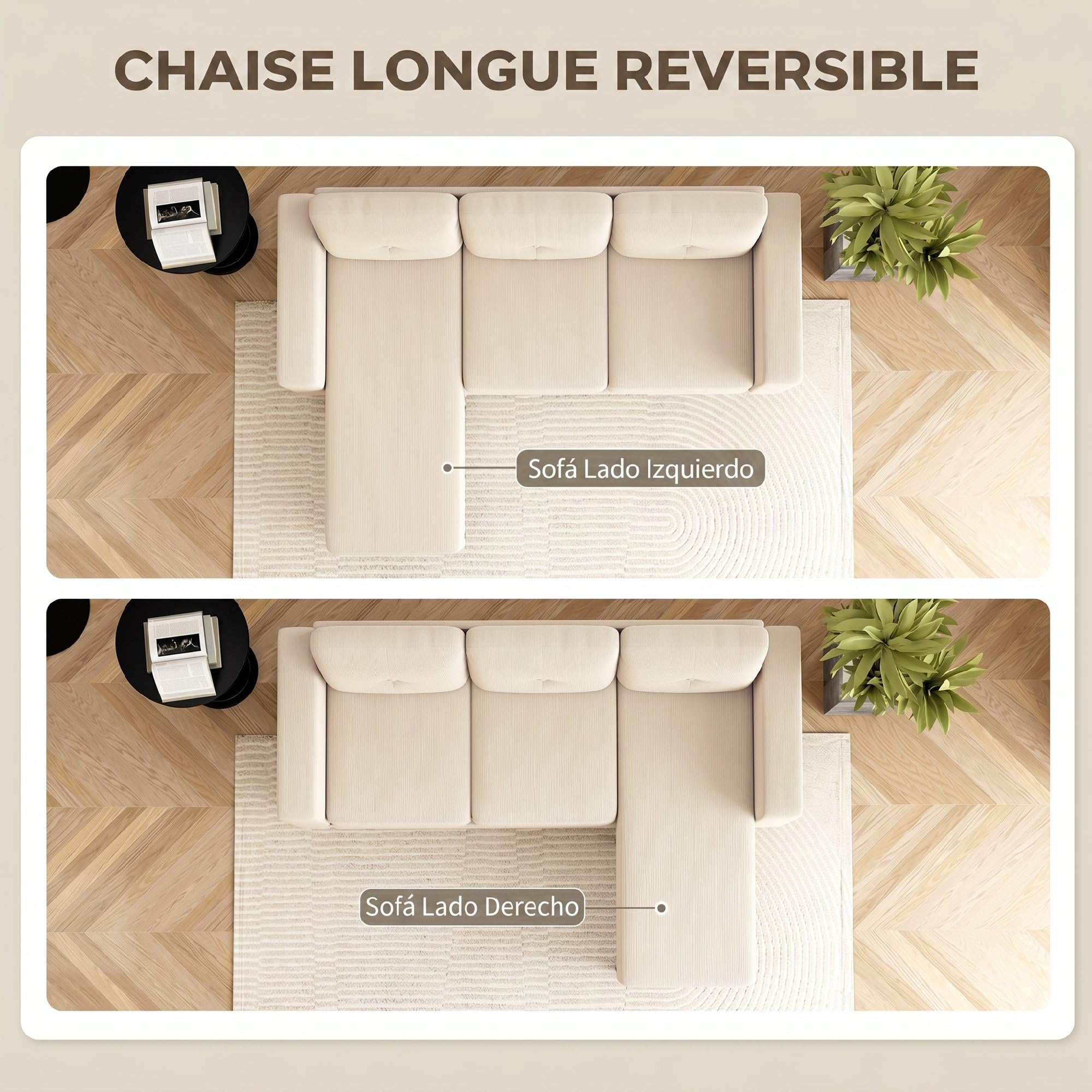 HOMCOM Sofá Chaise Longue Reversible 3 Plazas 192x137x84 cm Crema | Sofá Esquinero en Forma de L, Tapizado en Pana, Marco de Acero, para Espacios Reducidos, Salón
