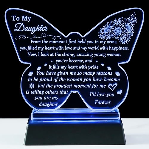 YWHL Regalos para hija de papá y mamá, el mejor regalo de cumpleaños para hija adulta, recuerdo de cristal en forma de mariposa con base de luz