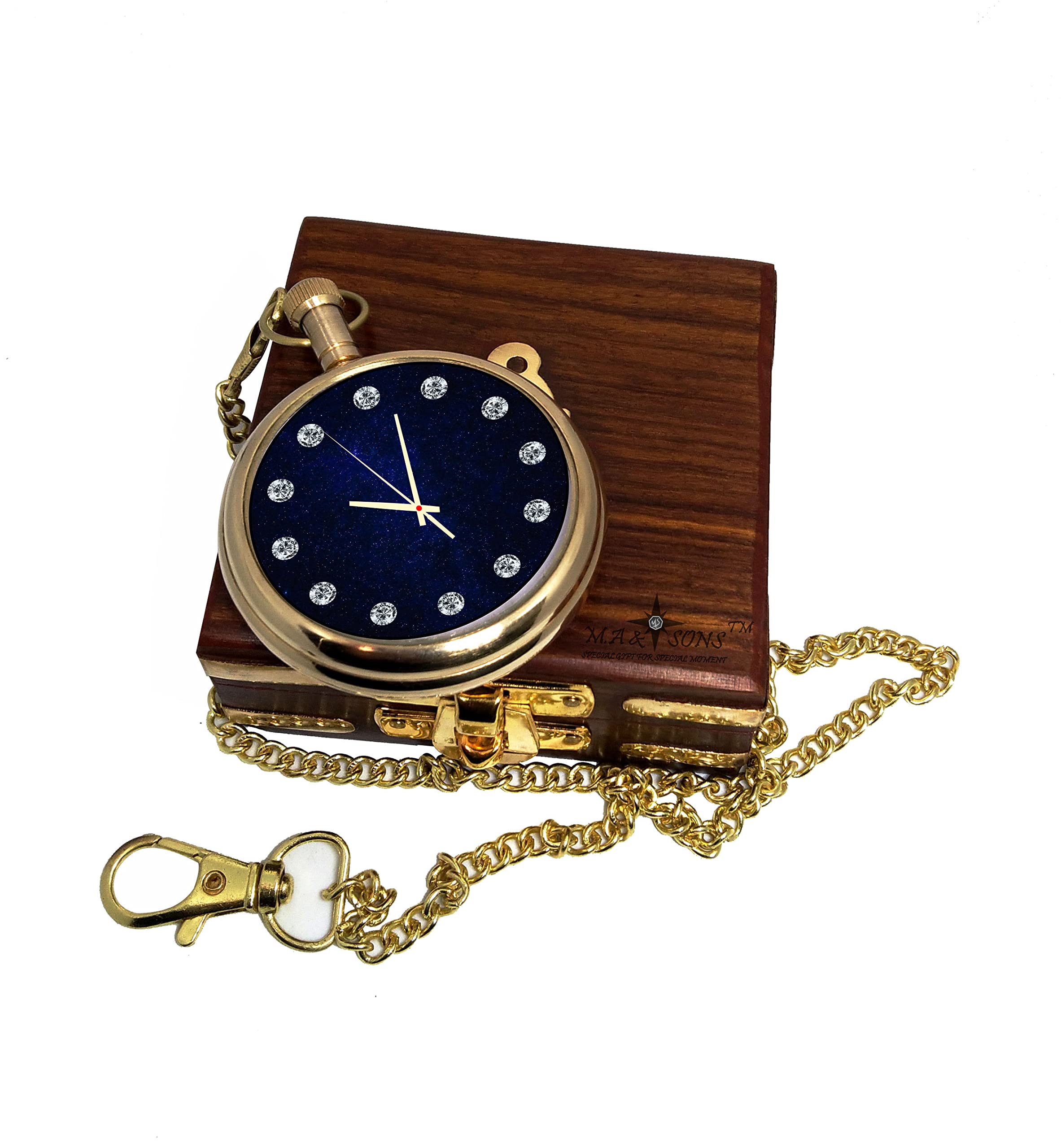 M.A & SONS Brass Working Pocket Watch with Wooden Box Blue Dial- Customization Available (B0BF61Y6GK) Amazon Price History, Amazon Price Tracker