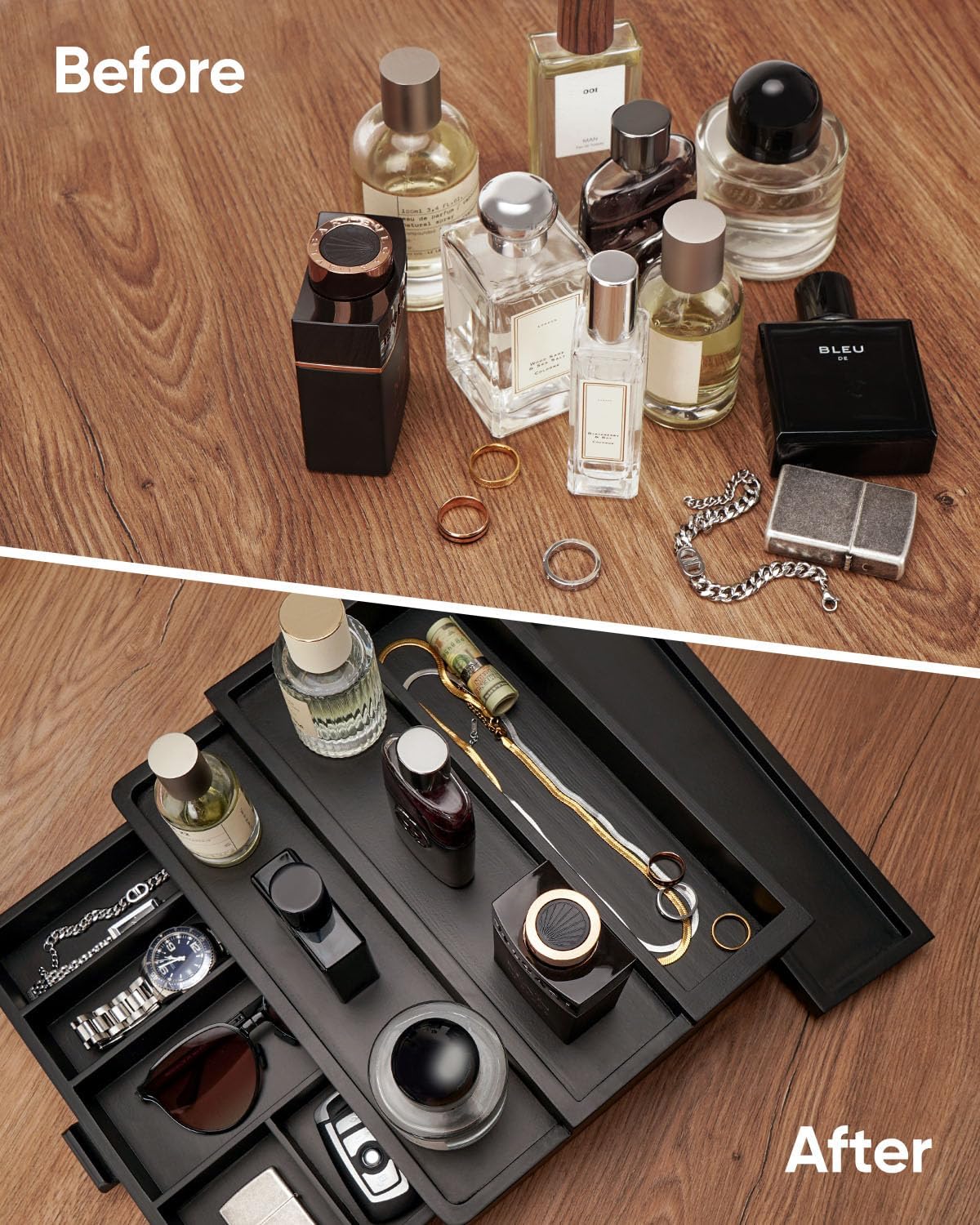 Cologne Organizer for Men, 3 Tier Wooden Cologne Stand with Drawer Storage and Hidden Compartment, Perfume Display Holder for Dresser, Great Gifts for Men and Women Valentine, Black