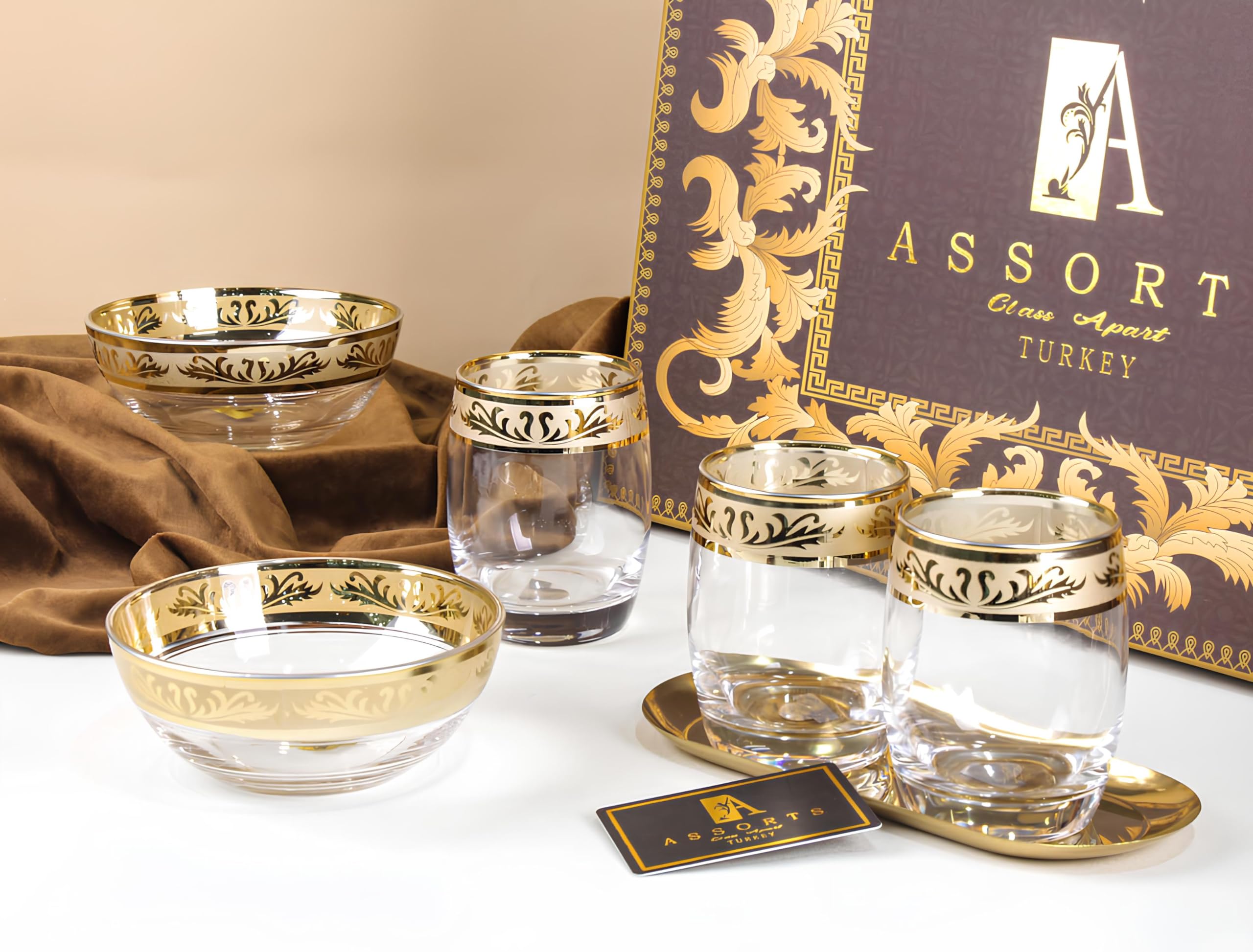 READYPEACE Assorts 8 pcs Gold Plated Glasses & Serving Bowls Set
