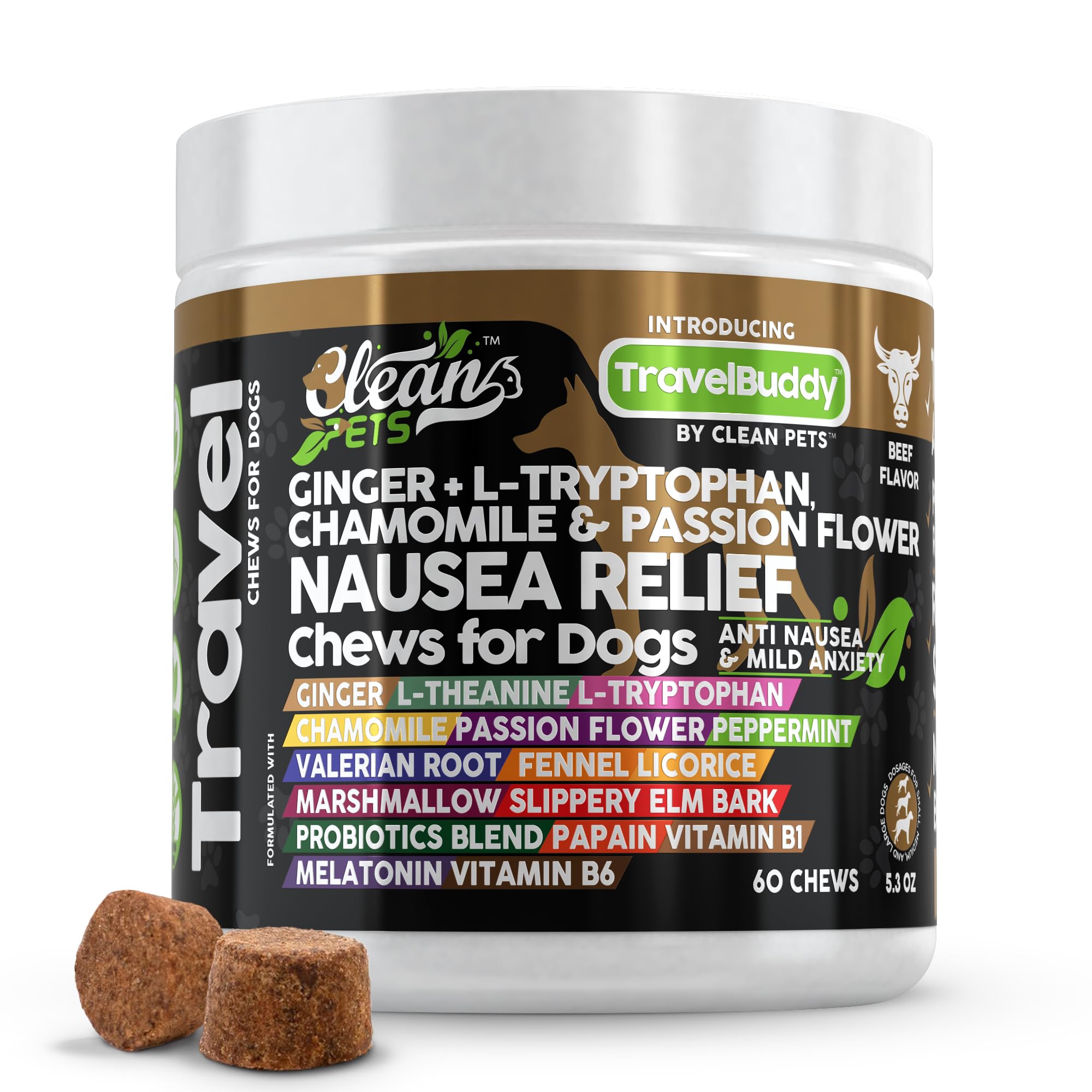 Travel Chews Nausea Relief for Dogs | Ginger L-Tryptophan Chamomile Passion Flower L-Theanine Peppermint Valerian Root Fennel Licorice Root Marshmallow Root Slippery Elm Melatonin Chew