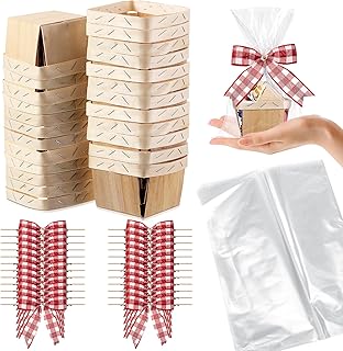 Kigley 24 Set Wooden Gift Baskets Empty Bulk Small Gift Basket with Cellophane Bags Bows Basket Kit for Christmas DIY Picking Fruit Birthday Wedding Bow Party(Red and White)