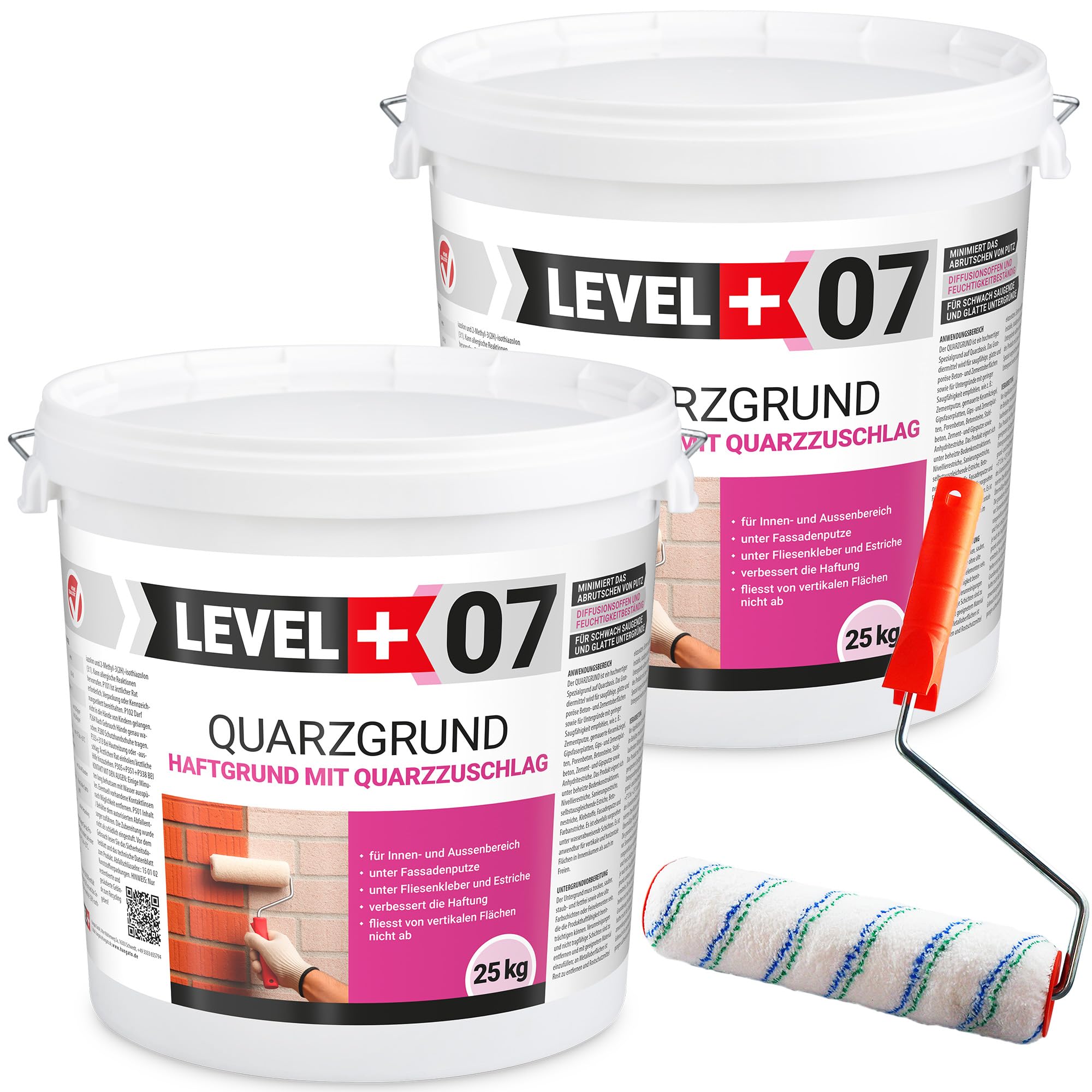 07 Quarzgrund mit Quarzsand unter Putze - Haftgrundierung für Innen & Außen - Weißer Putzgrund, Schnell Trocknend, Wasserabweisend & Lösemittelfrei - 50 kg mit Farbroller 25cm