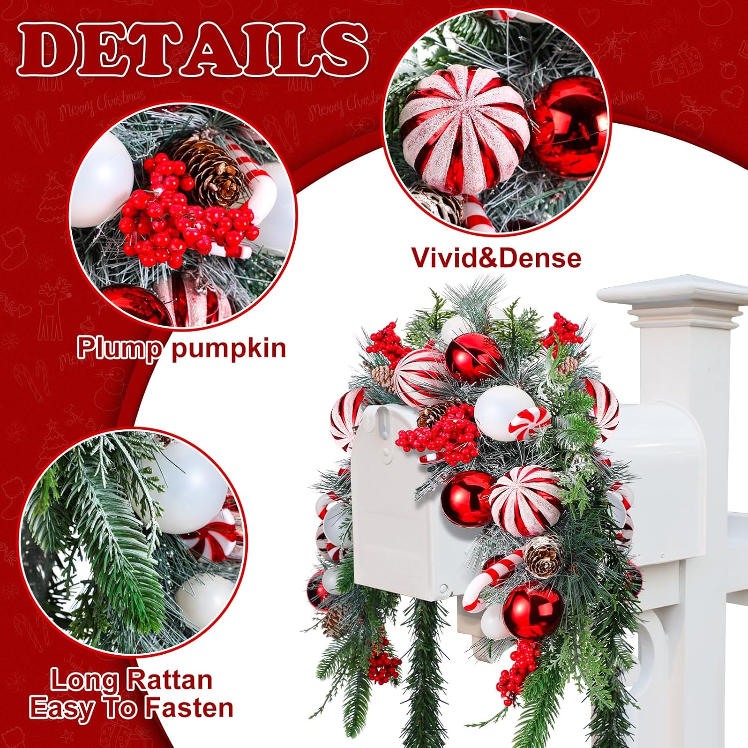 Liliful Christmas Mailbox Swag Red Green White 88 Inch Xmas Mailbox Swag Traditional Artificial Christmas Decorations for Home Indoor Outdoor Decorations