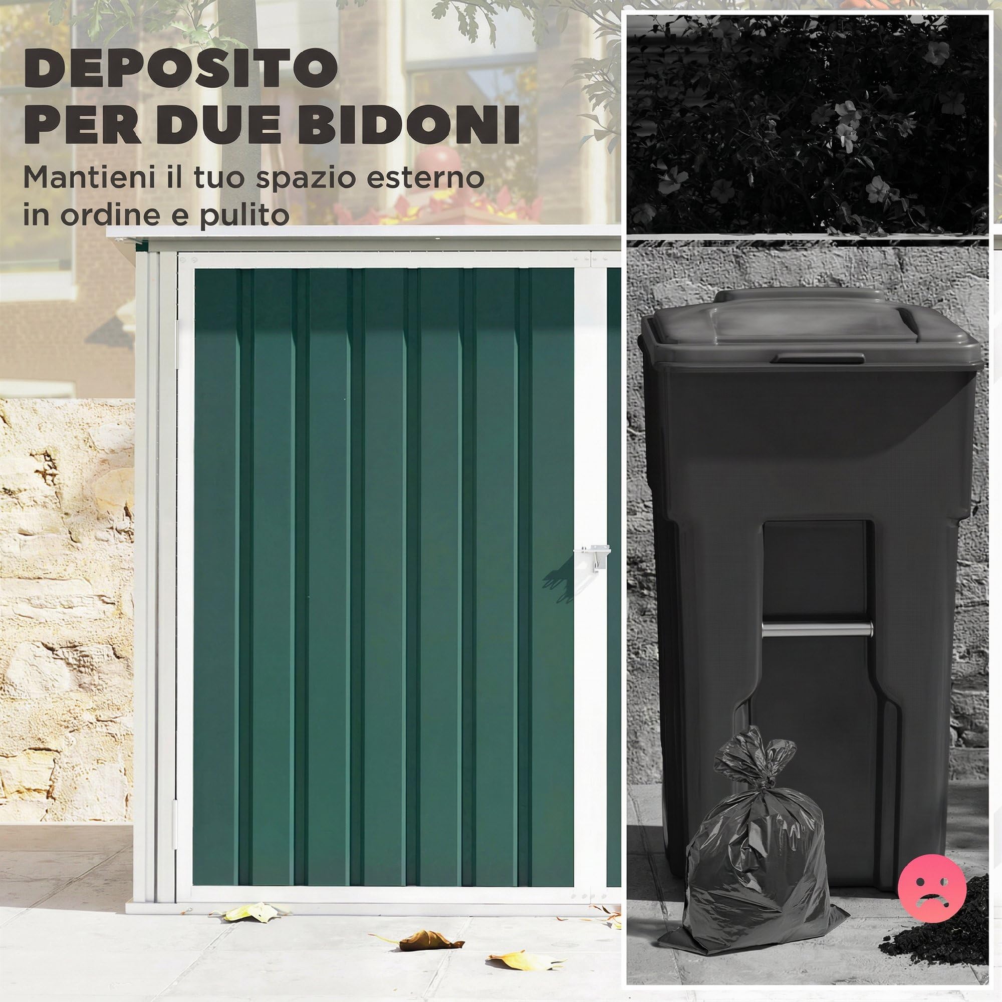 Outsunny Casetta per Spazzatura Esterna 1.91m² in Acciaio Zincato con 2 Porte Bloccabili, Contenitore per Bidoni Rifiuti con Tetto Apribile Prese d'aria, Capanno da Giardino per 2 Bidoni, Verde - 3