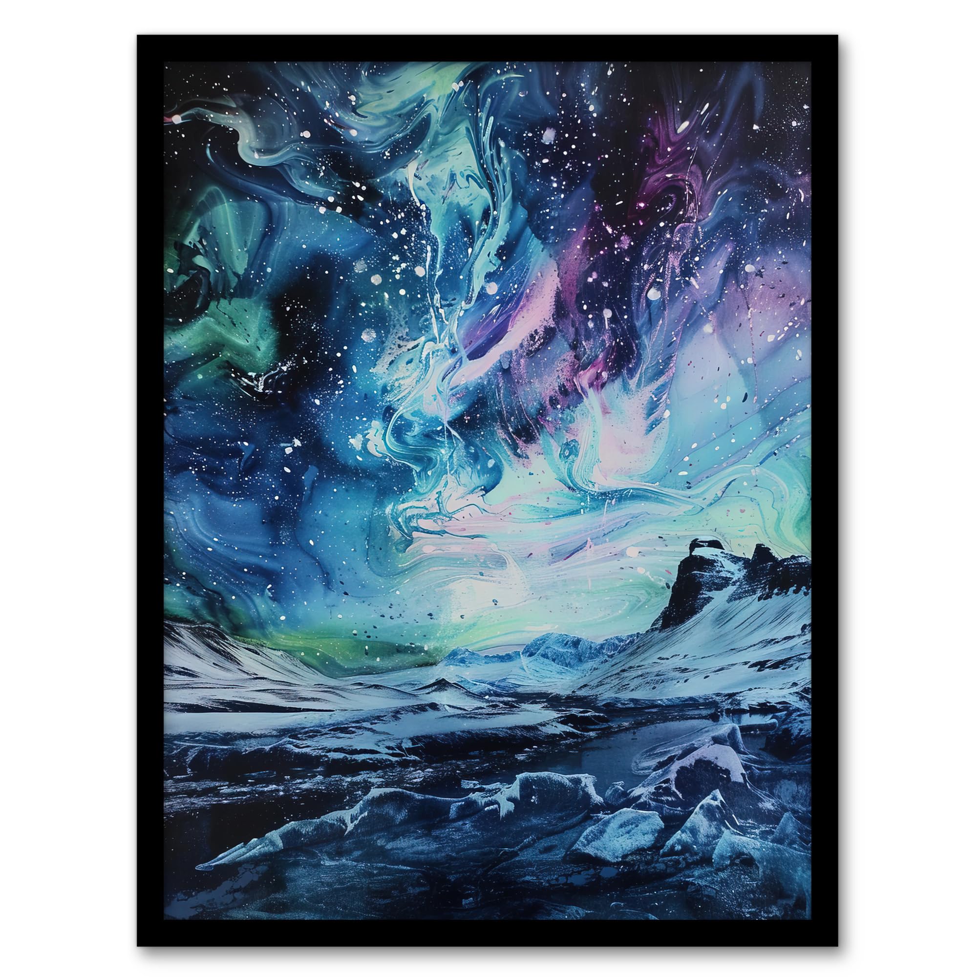 Aurora Australis Antarctica Framed Art Print - Liquid Paint Landscape - Blue - A4 - Artery8