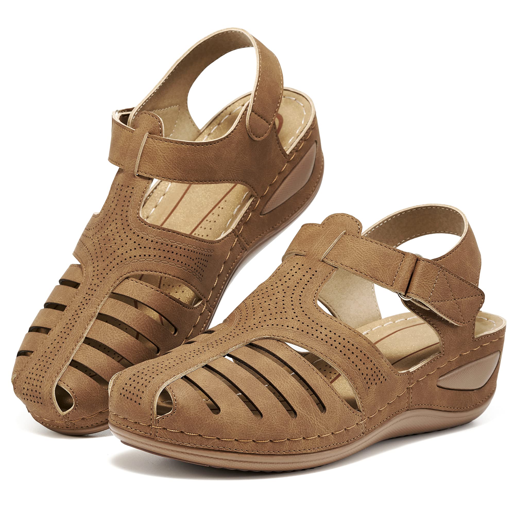Harence Womens Sandals Wedge Shoes: Comfortable Ankle Strap Closed Toe Summer Platform Sandals Casual Bohemia Gladiator Outdoor Wedges