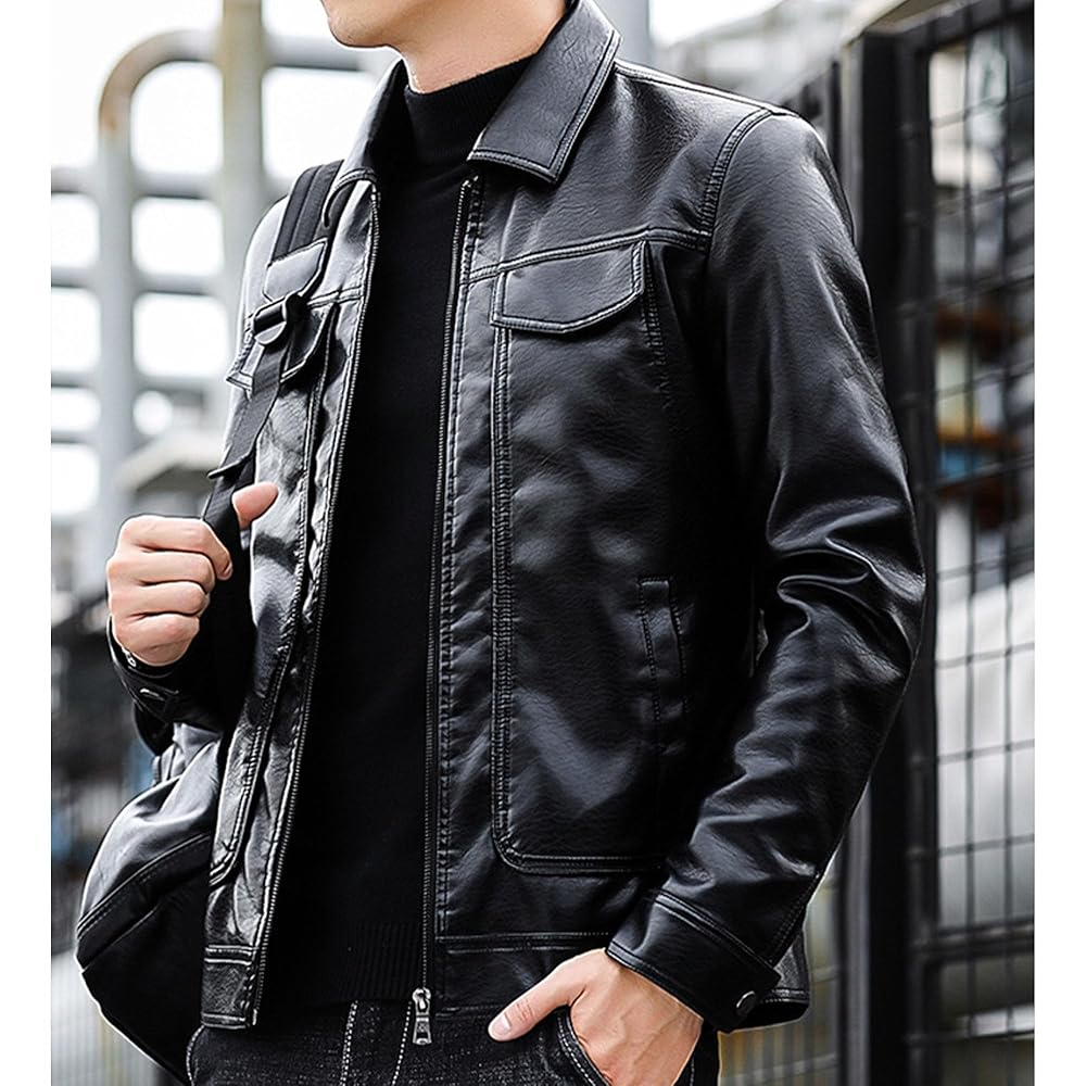Gsywaipei Men's Classic Leather Jacket Casual Lapel