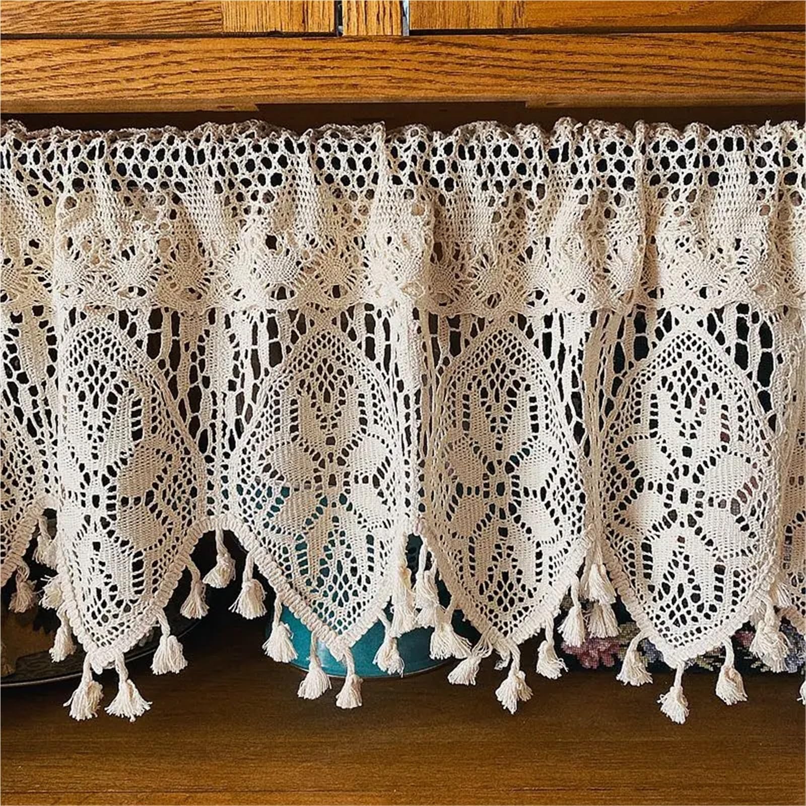Vinta Lace Short ains per caffetterie e cucine & – Design pastorale all'uncinetto divisorio e decorazione guardaroba (1 pannello L 120 x A 38 cm)