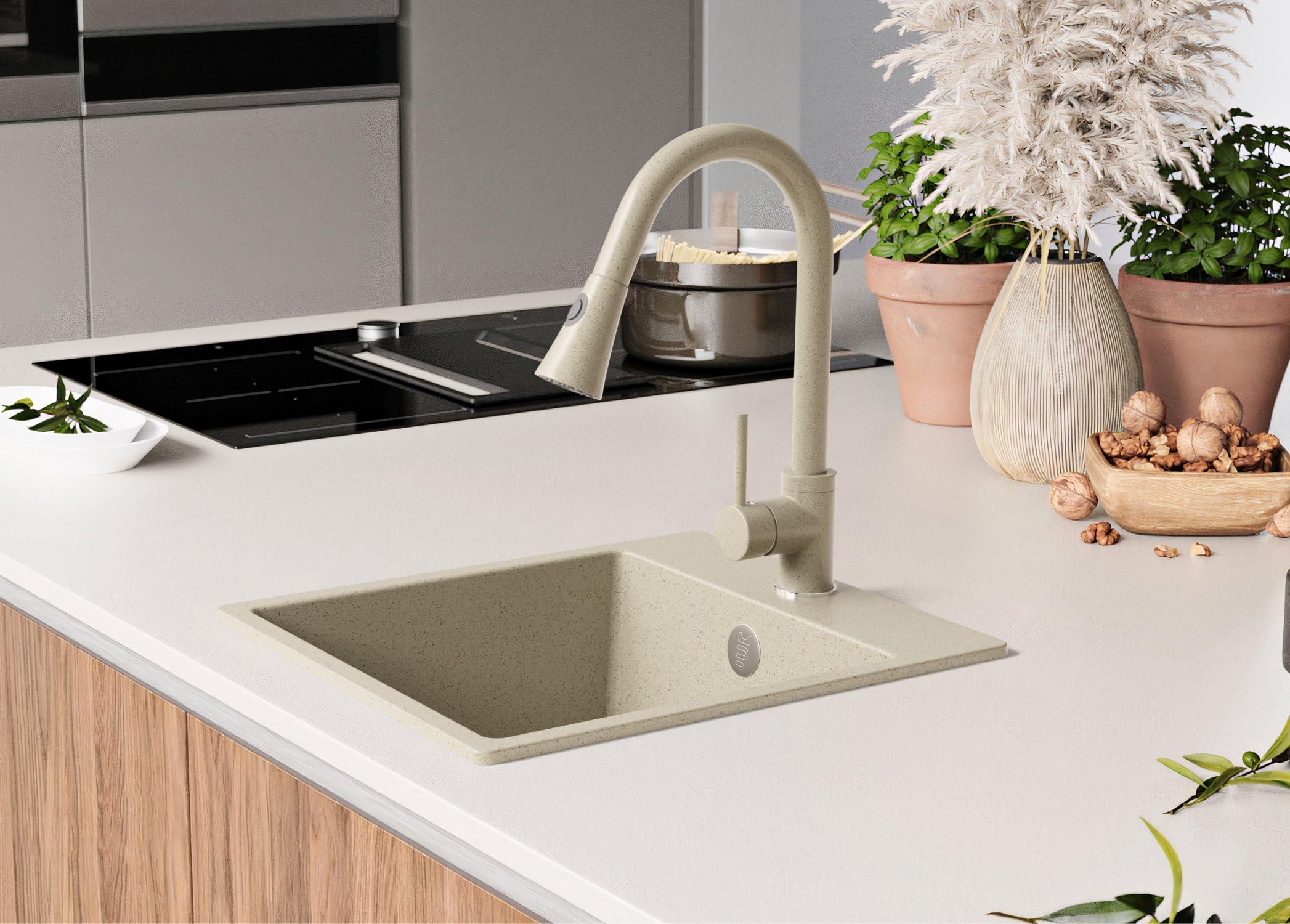 PRIMAGRAN Fregadero Cocina Beige - Riga Easy, 38x44cm | Granito 1 Seno + Set de accesorios, sobre Encimera al Mueble 40cm (S040)