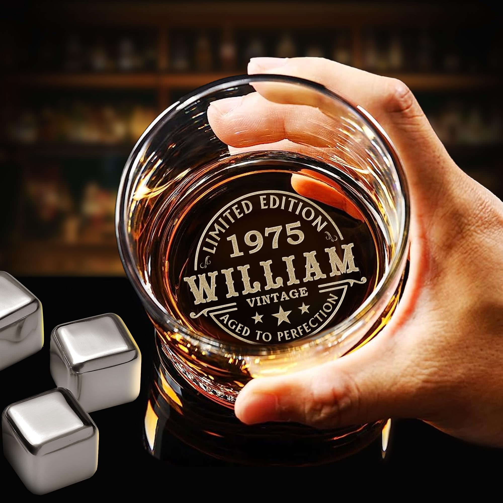 Lucy Engraving Custom 50th Birthday Whiskey Glass - Engraved Vintage Gift for Father's Day, Retirement, or Special Occasions - 11 oz Personalized Rock