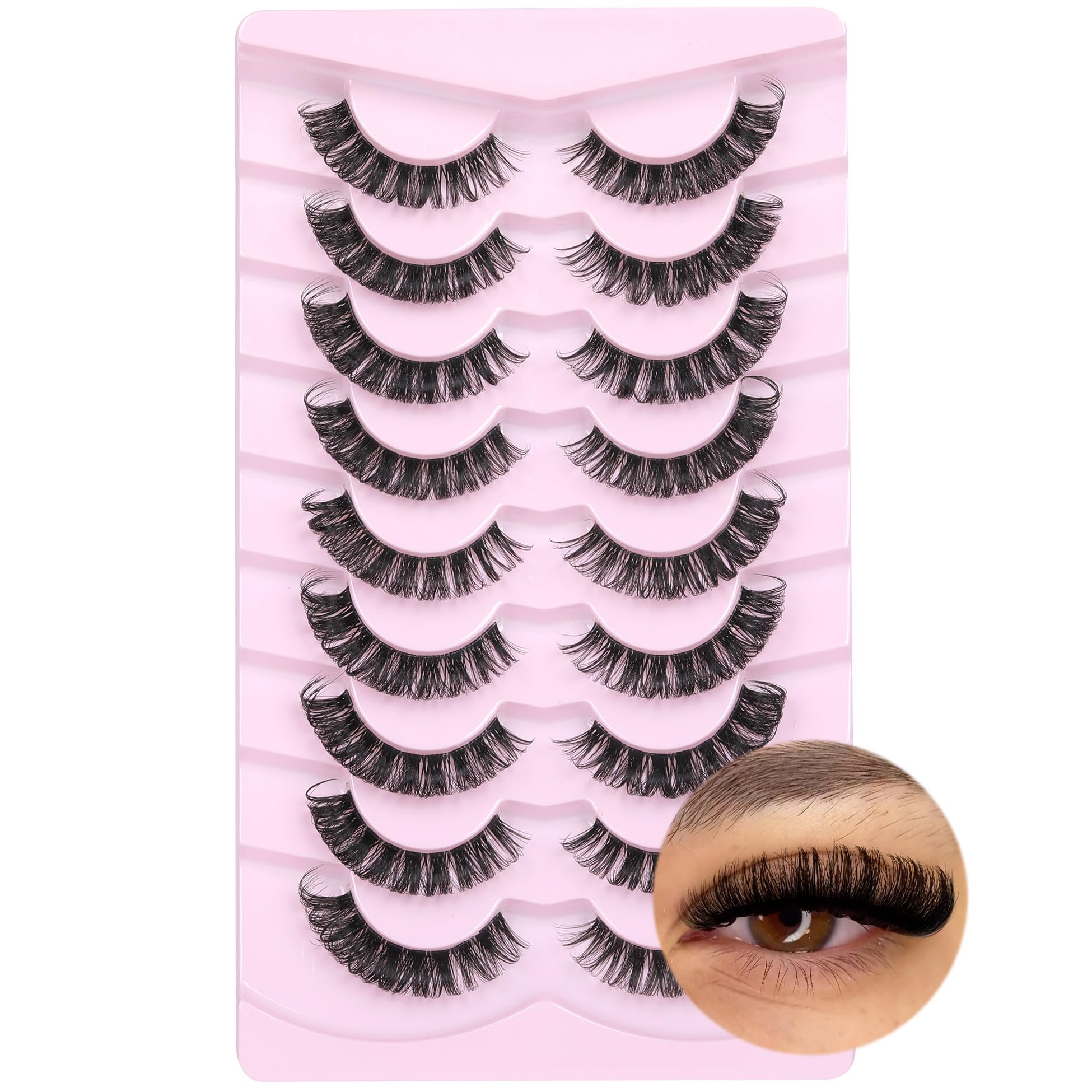D Curl Wispy Russian Strip Lashes - Natural Look, Fluffy Volume, Faux Mink, Cat Eye, 9 works, Black, 1 pair (Pack of 1)