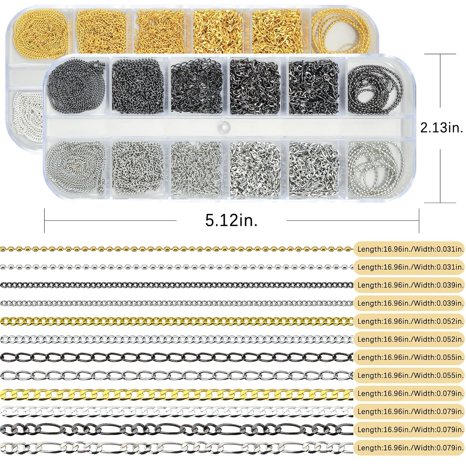 472 Inch Nail Chains for Nail Art 24 Strips 6 Style Gold Silver White Gold Black Metal Chain