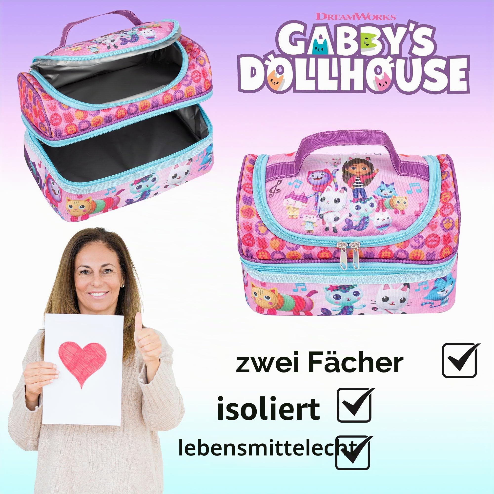 Gabby's Dollhouse – Lunchtasche für Kinder – Snack-Tasche mit mehreren Fächern für Mädchen Schule – isoliert & große Kapazität – Rosa