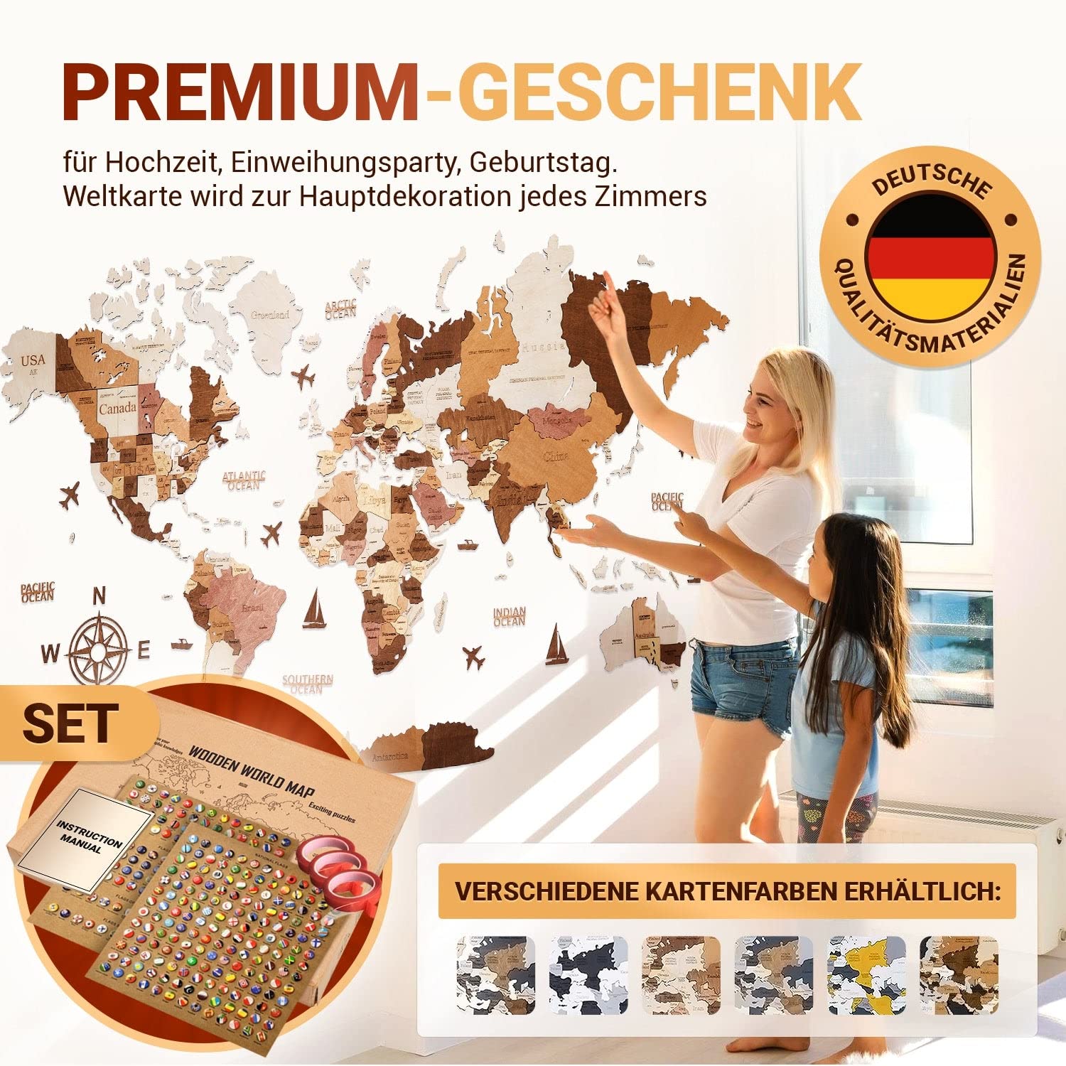 Premium Wanddeko 3D Weltkarte Holz in Deutsch mit Pins | Werkzeuglose Wandmontage | Eine Geschenkidee für jede Gelegenheit | Wand deko Holz für Wohn- und Büro Deko (Holzfarbe, 120x62 cms)