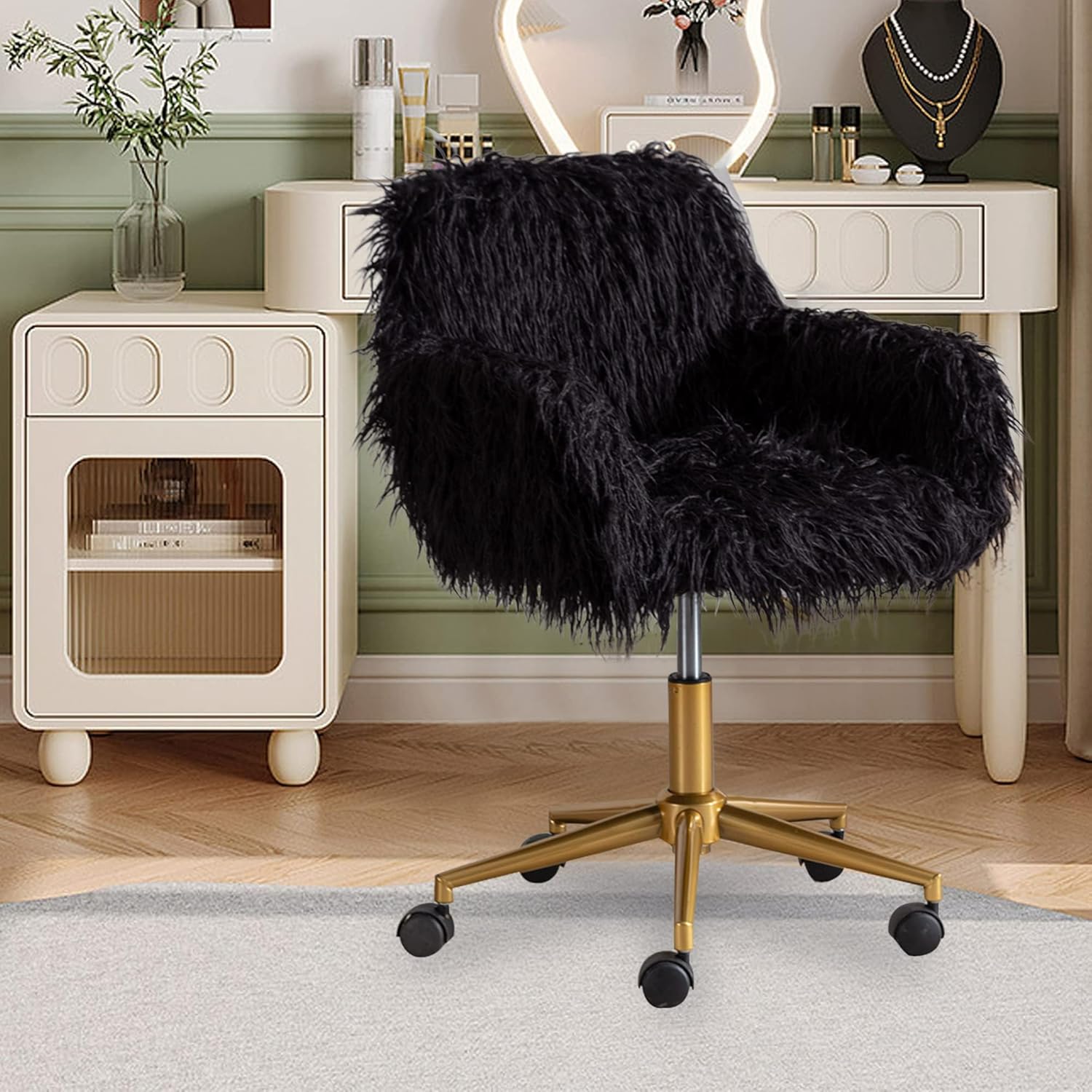 Elegant Faux Fur Desk Chair, Modern Black Fluffy Home Office Arm Chair, Cute Fuzzy Makeup Vanity for Girls Women, Swivel Gold for Living Room Bedroom Office