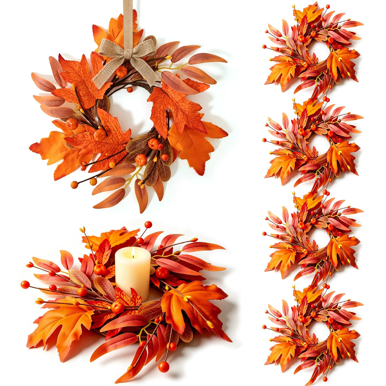 6 PCS Mini Fall Wreaths Small Fall Candle Rings Maple Leaf Wreaths for Cabinets Thanksgiving Table Centerpieces Autumn Wreath for Front Door Porch Wall Window