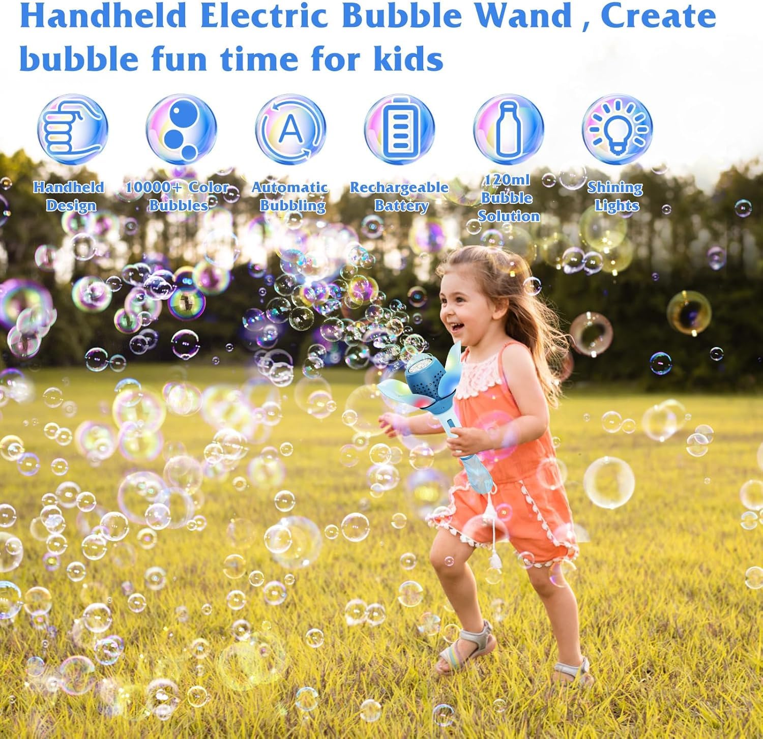 SAMVARDHAN Electric Bubble Stick for Kids, Automatic Bubble Machine 10000+ Bubbles Light Up Flower Bubble Wand Bubble Toys for Summer Outdoor Party Wedding (Blue) — Amazon image 2