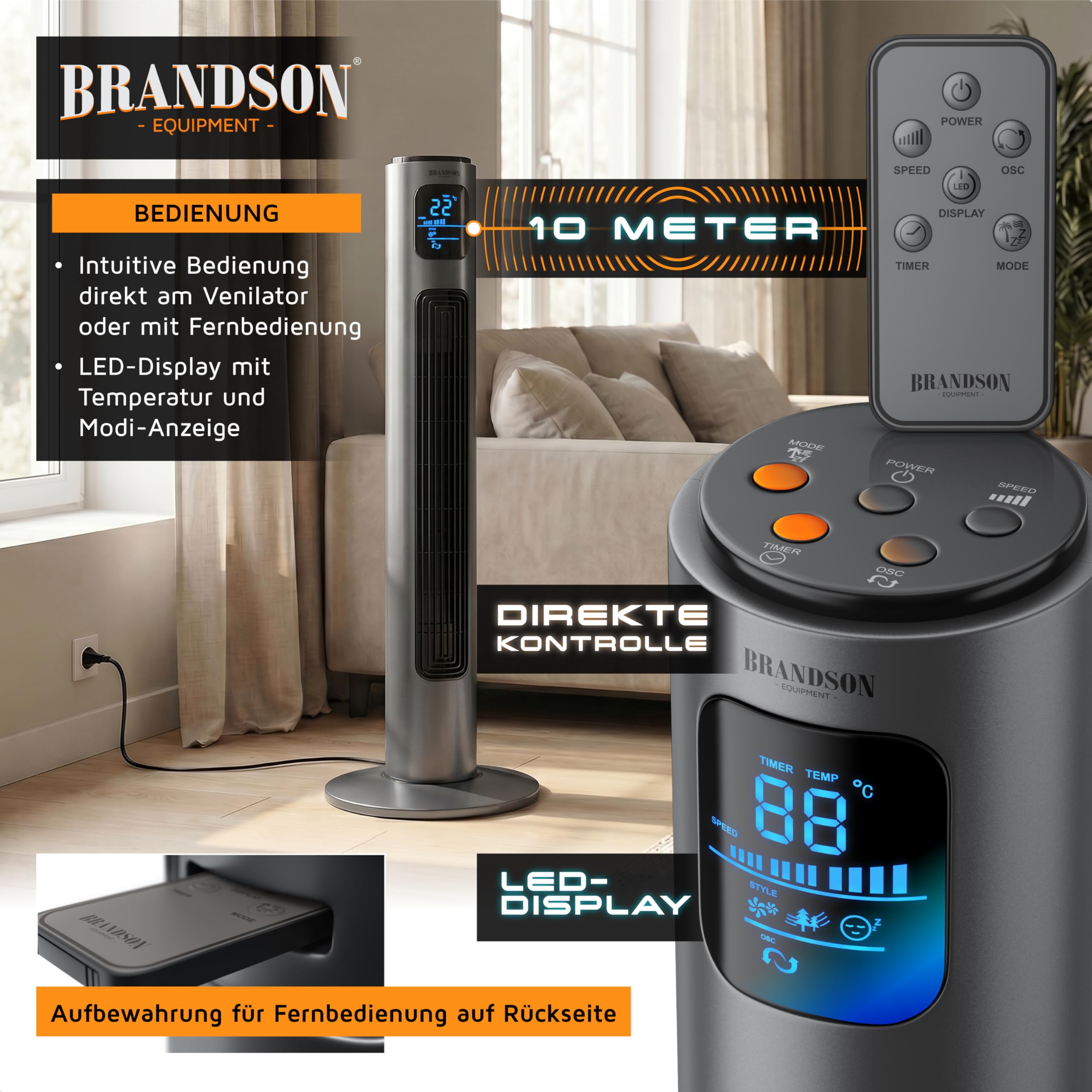 Brandson Standventilator 96 cm mit Fernbedienung leise Oszilation 3 Geschwindigkeiten Timer GS Cool Grey