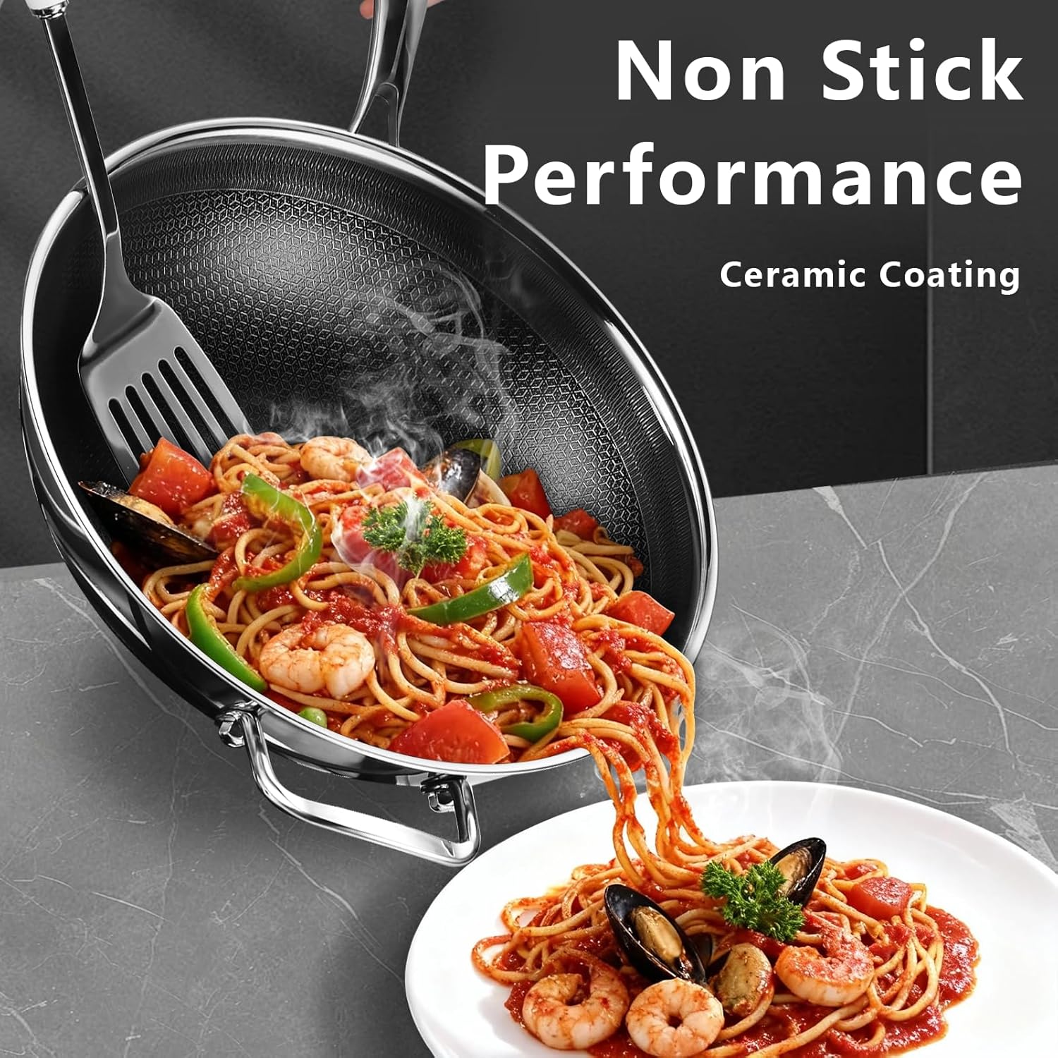 Hybrid 12 Inch Wok Pan with Lid, 5QT Stainless Steel Deep Woks & Stir-fry Pans with Flat Bottom, Stay-Cool Handle, Induction & Dishwasher & Oven Safe, Non Toxic, PFOA Free Skillet Cookware - Image 2