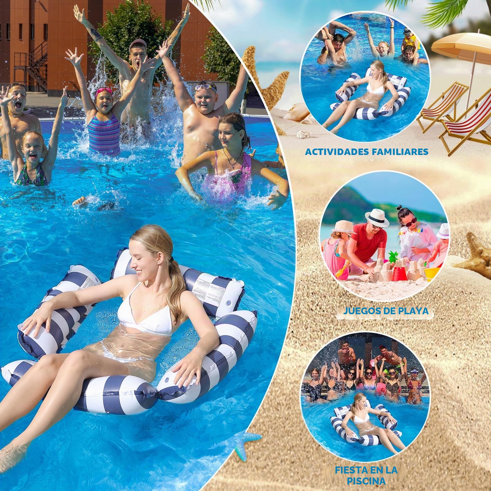 Pack de 3 Hamacas Hinchables Piscina 4 en 1 para Adultos, Flotador Piscina con Red, Colchoneta Hinchable Playa y Piscina, Silla Flotante Relax, para Familia, Amigos, Verano y Vacaciones