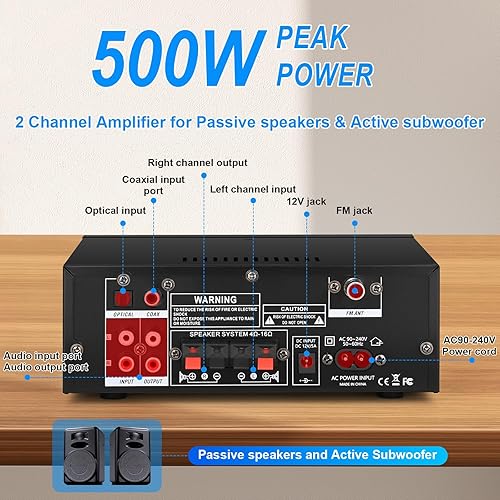 Miniatura 3 de Romica Amplificador de audio estéreo, 2 canales 500 W Bluetooth 5.0 amplificador de potencia de cine en casa con FM, Echo, AUX, USB, SD, MIC,