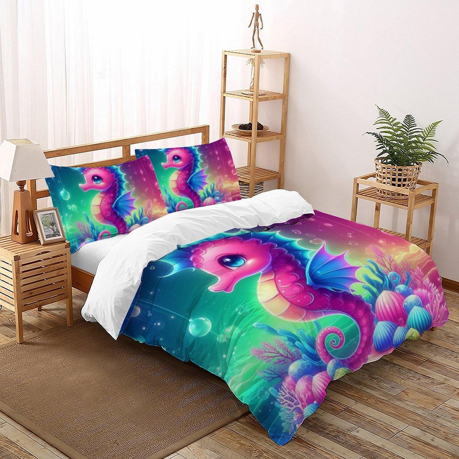 Housse de couette hippocampe 260x220cm microfibre pour grand lit enfant doux et sans plis