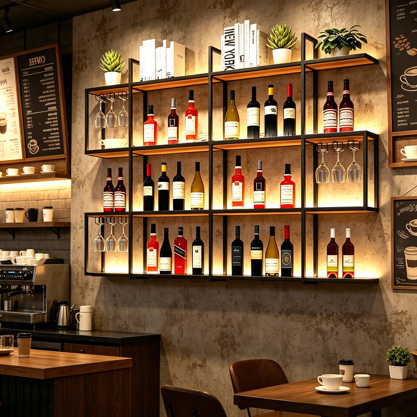 180cm Scaffale per vino a 4 livelli da parete con luci LED, mensola industriale per bottiglie di liquori, ripiani metallici per bar con portabicchieri, decorazione murale per sala da pranzo