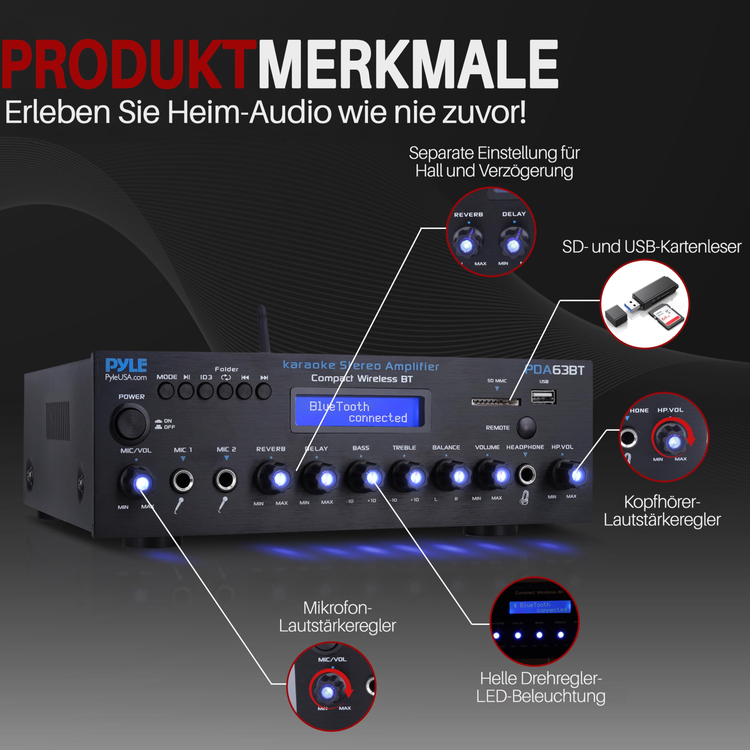 Pyle Verstärker 200W Bluetooth Receiver 2 Kanal Stereo mit FM Radio USB/SD AUX RCA Mikrofon Eingänge Bass Höhenregelung Karaoke
