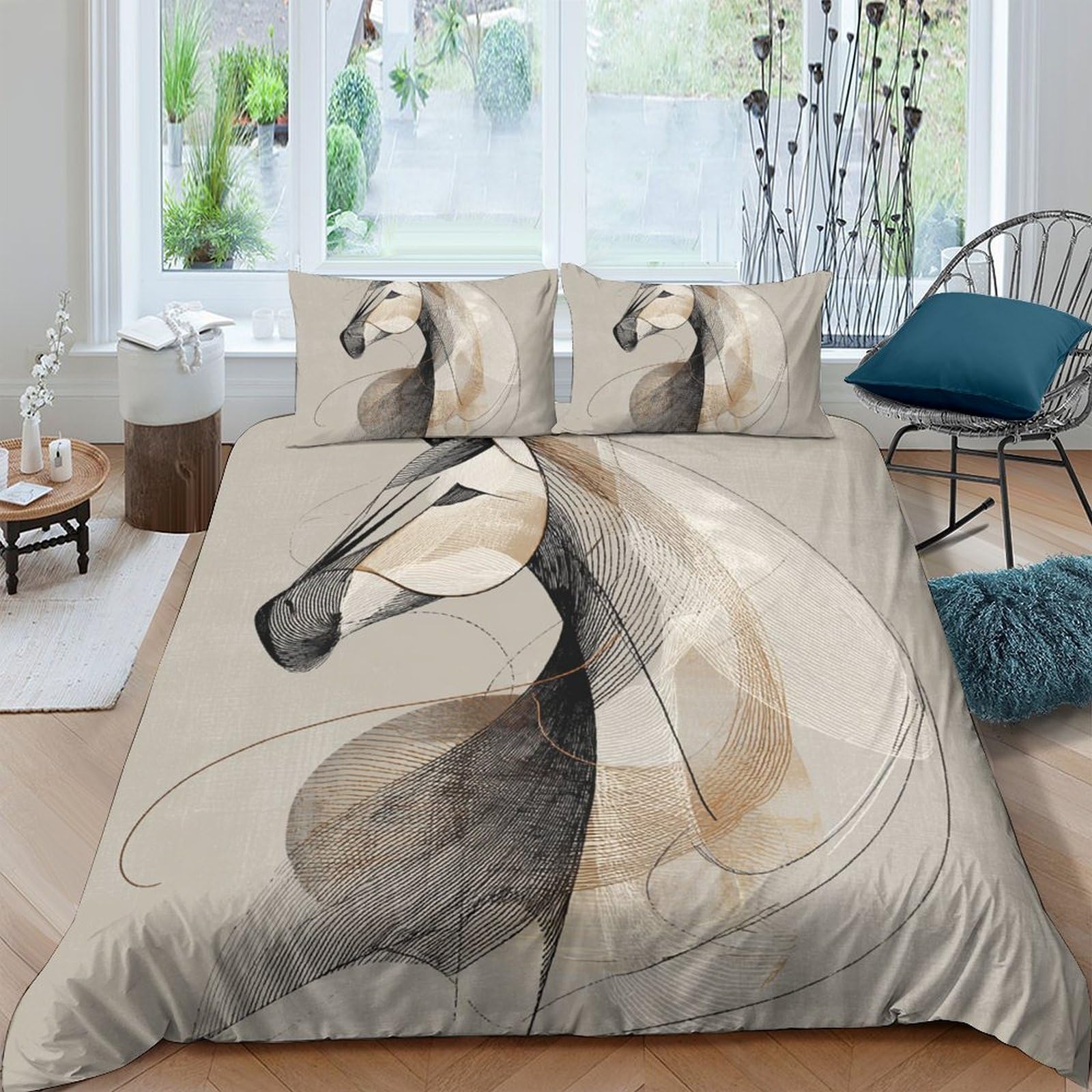 Ctjqhvkz Style-9 3D Printed Abstract Horse Fitted Sheet Microfiber Soft Beige Artistic Bed Cover For Bedroom Guest Room Easy Care Single（135X200cm）
