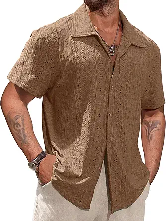 Vssjavun Mens Short Sleeve Button Down Shirts Casual Hollow Out Summer Beach Shirt